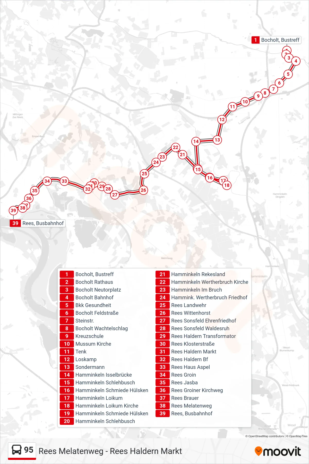 95 bus Line (Rees Busbahnhof) route and stops on a map