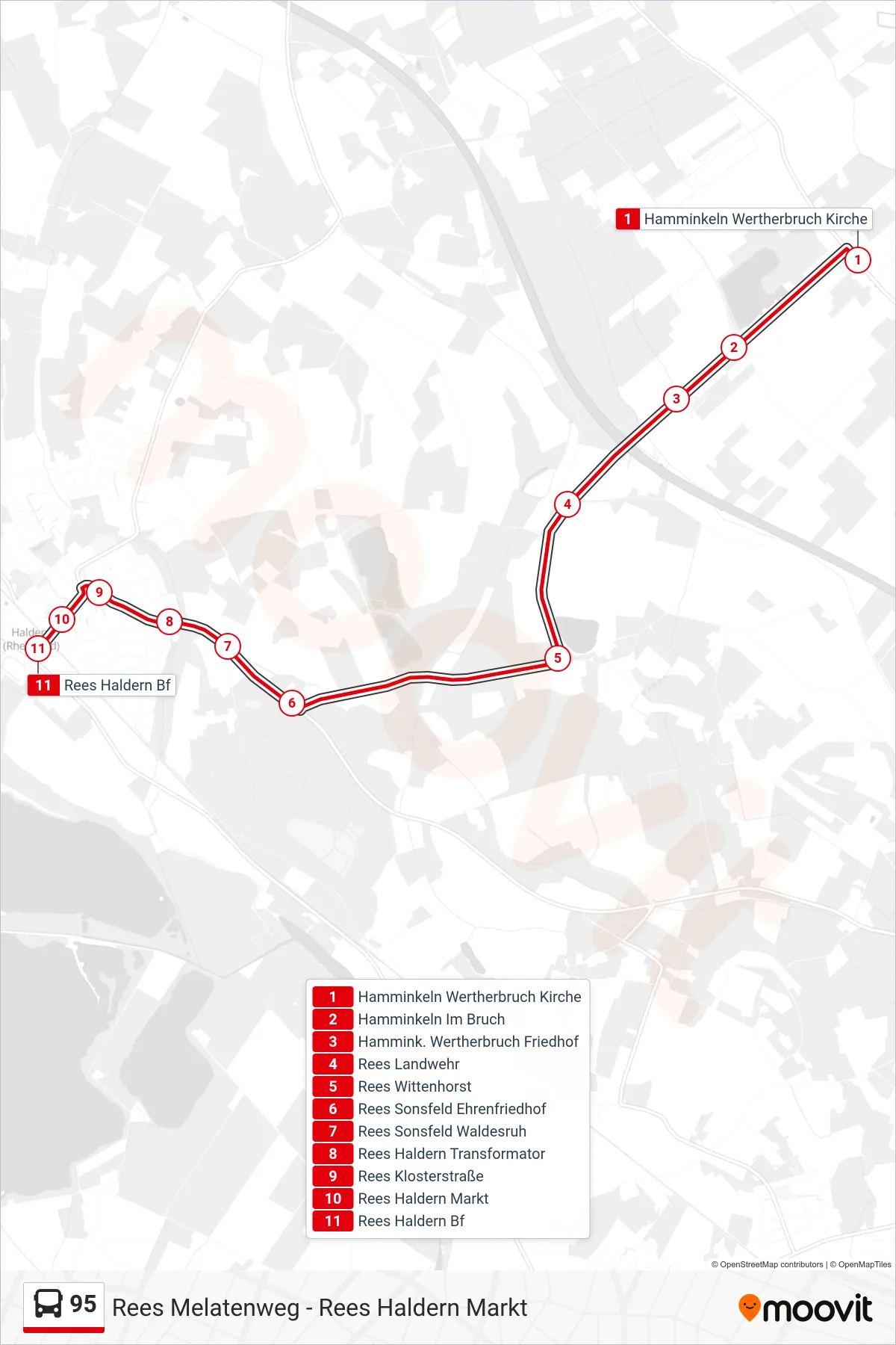 95 bus Line (Rees Haldern Bf) route and stops on a map