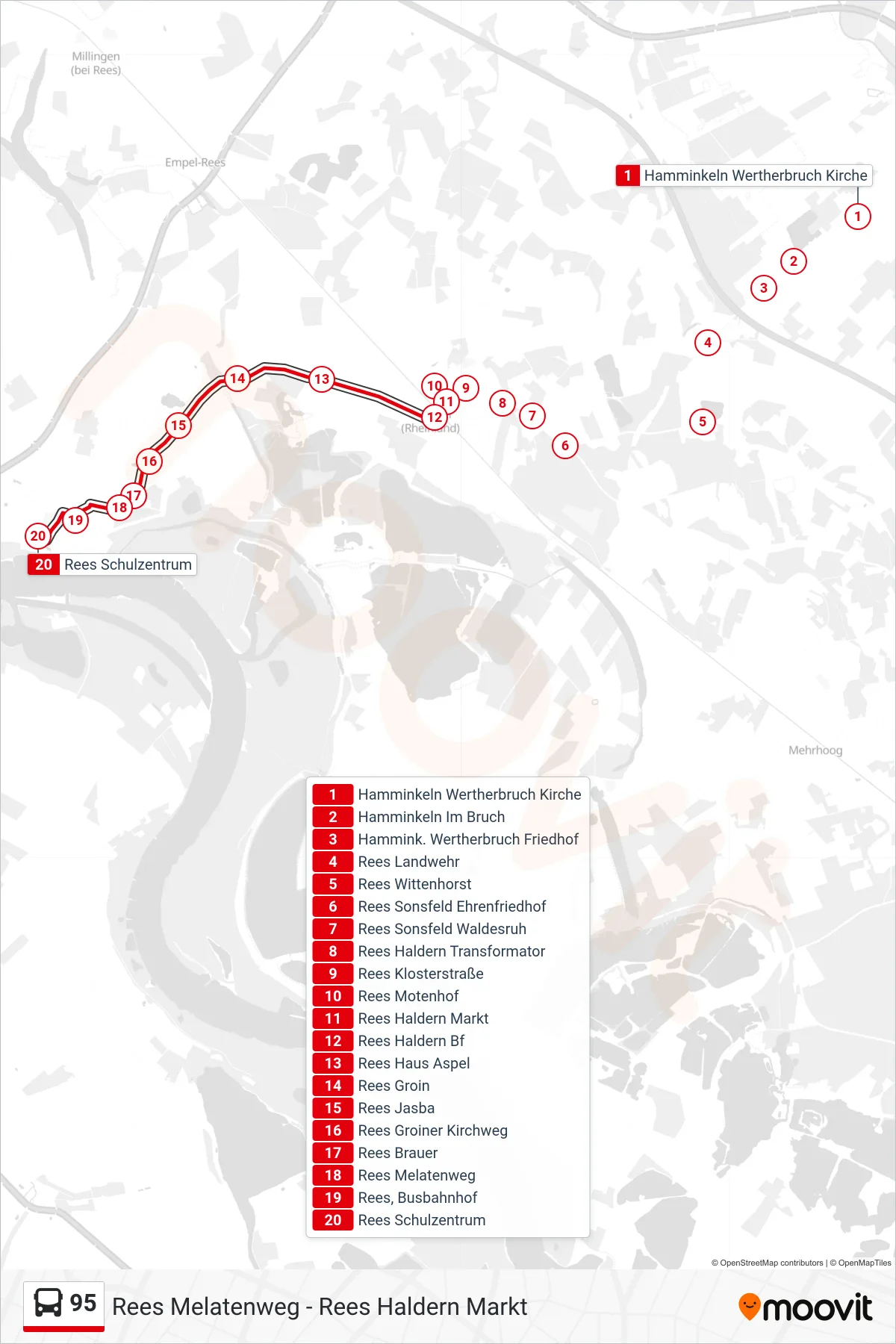 Linie 95 (Bus) Richtung Rees Schulzentrum: Route und Haltestellen auf der Karte