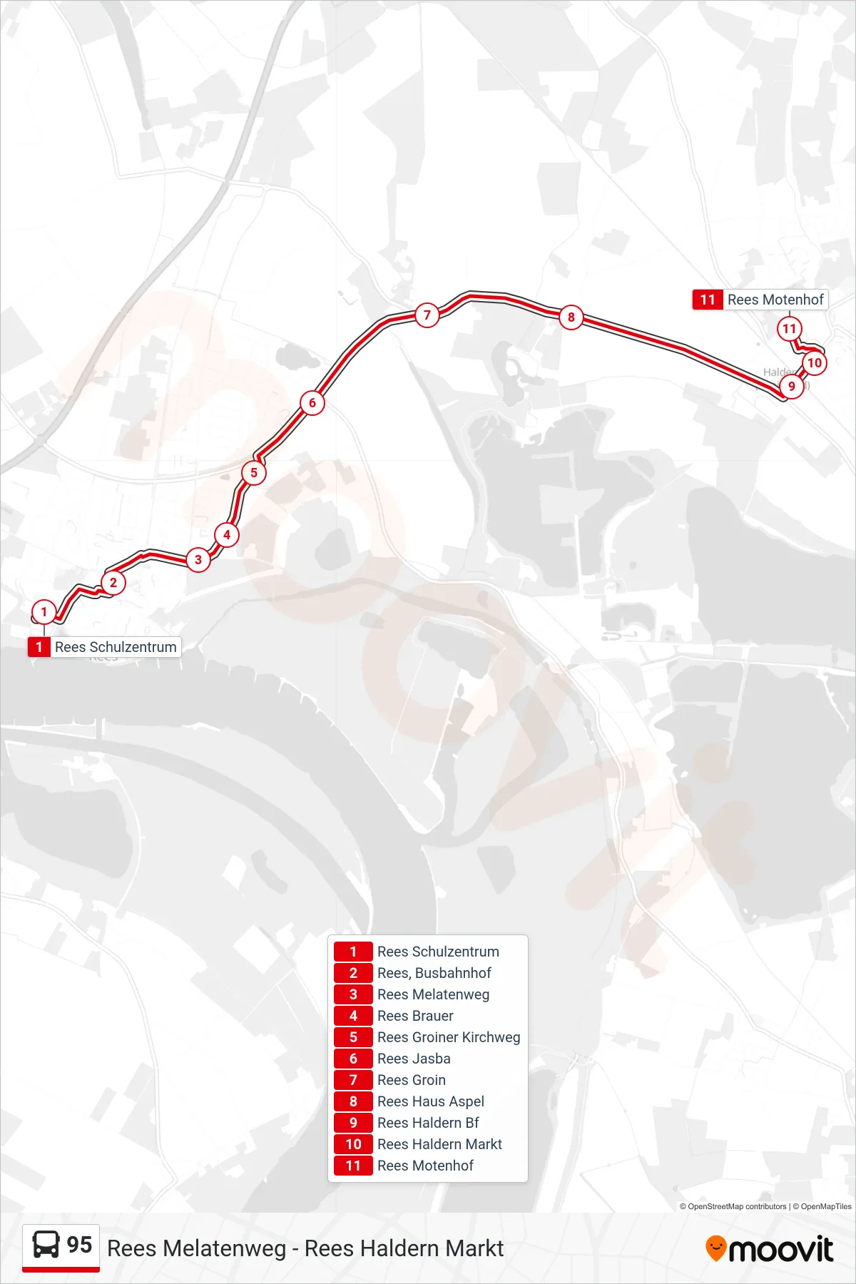 95 bus Line (Rees Motenhof) route and stops on a map