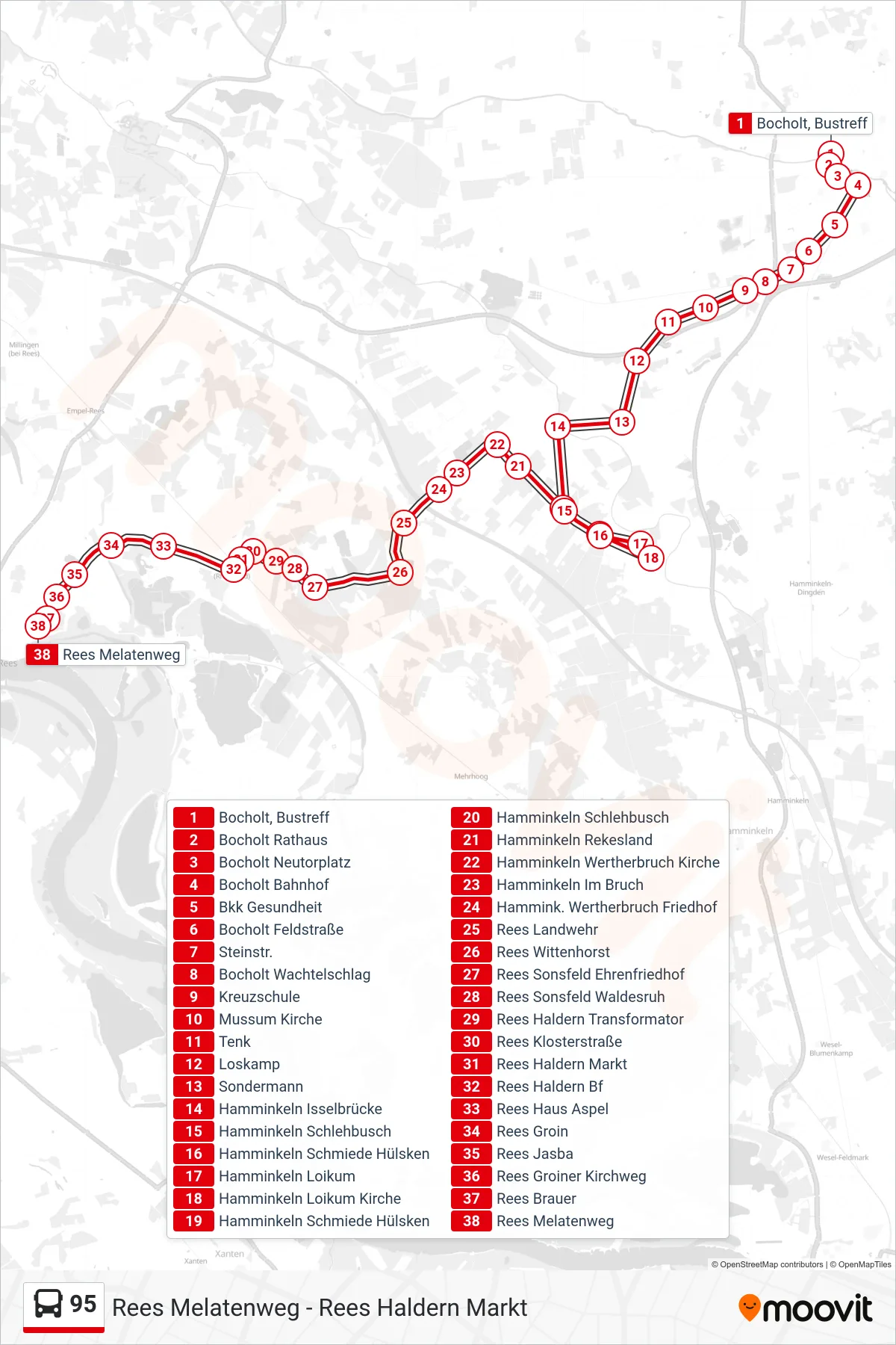 Linie 95 (Bus) Richtung Rees Melatenweg: Route und Haltestellen auf der Karte
