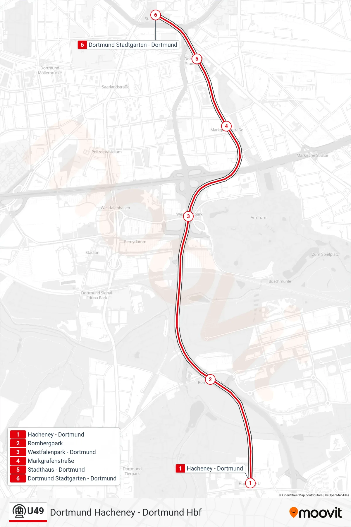 Linie U49 (U-Bahn) Richtung Dortmund Stadtgarten: Route und Haltestellen auf der Karte