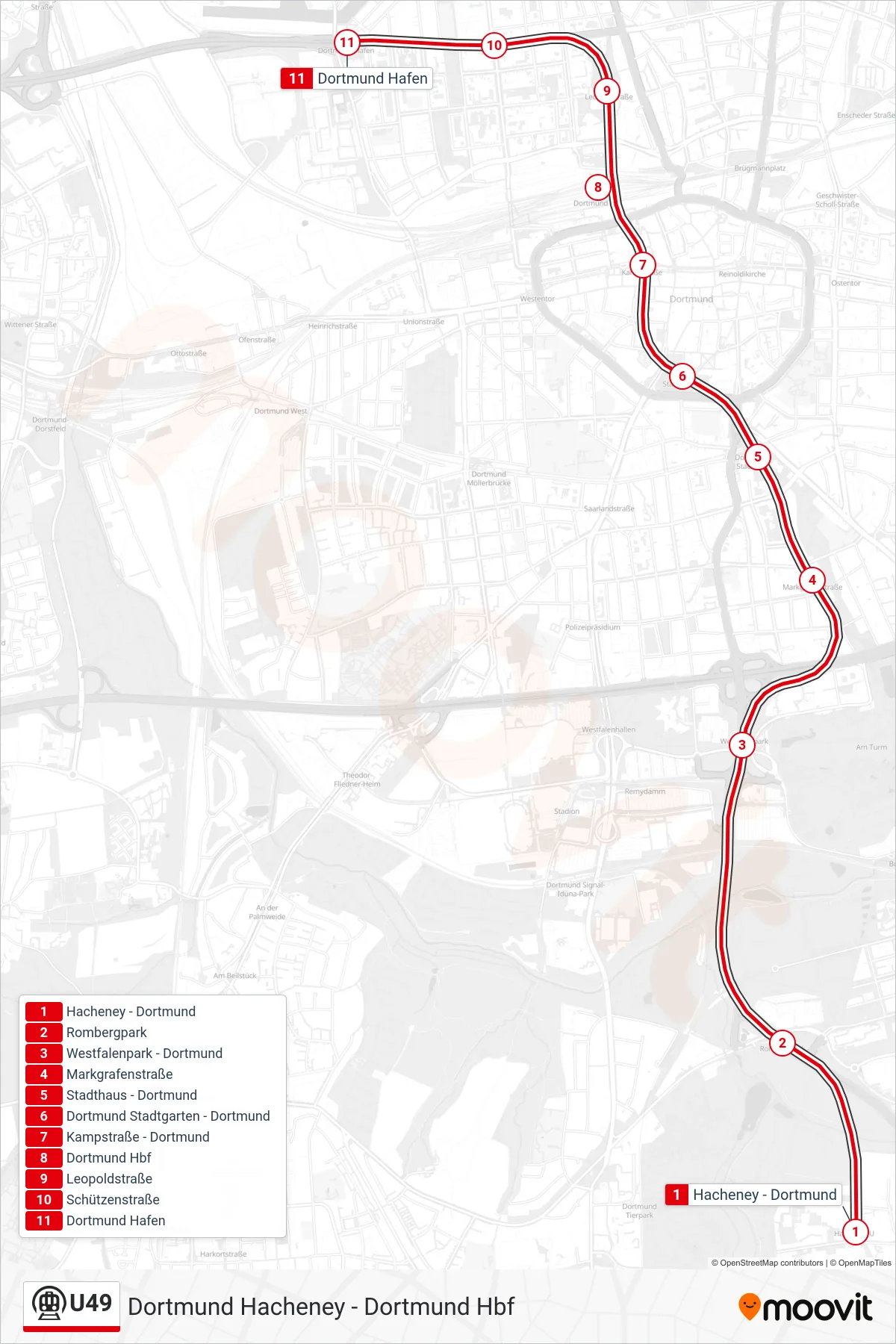 U49 subway Line (Dortmund Hafen) route and stops on a map