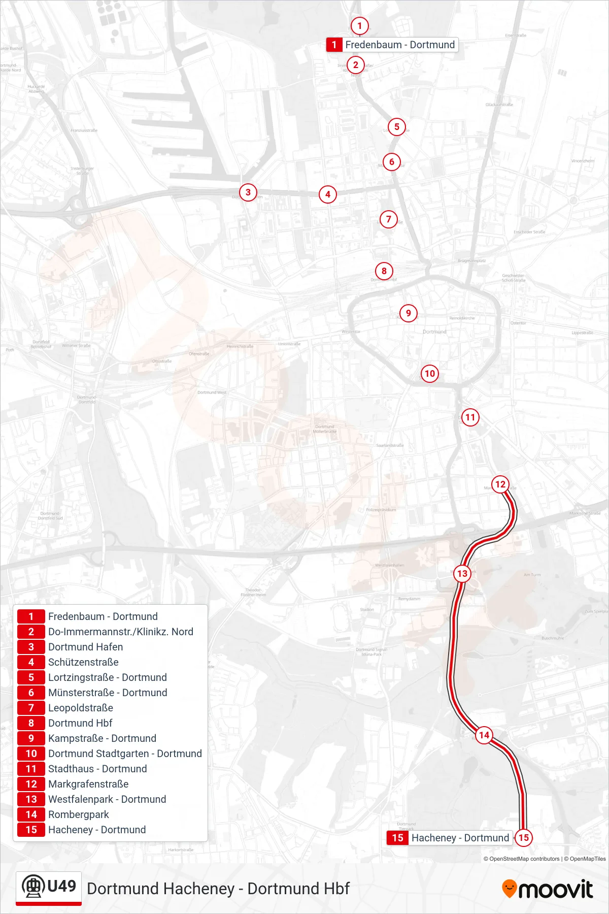 Linie U49 (U-Bahn) Richtung Dortmund Hacheney: Route und Haltestellen auf der Karte