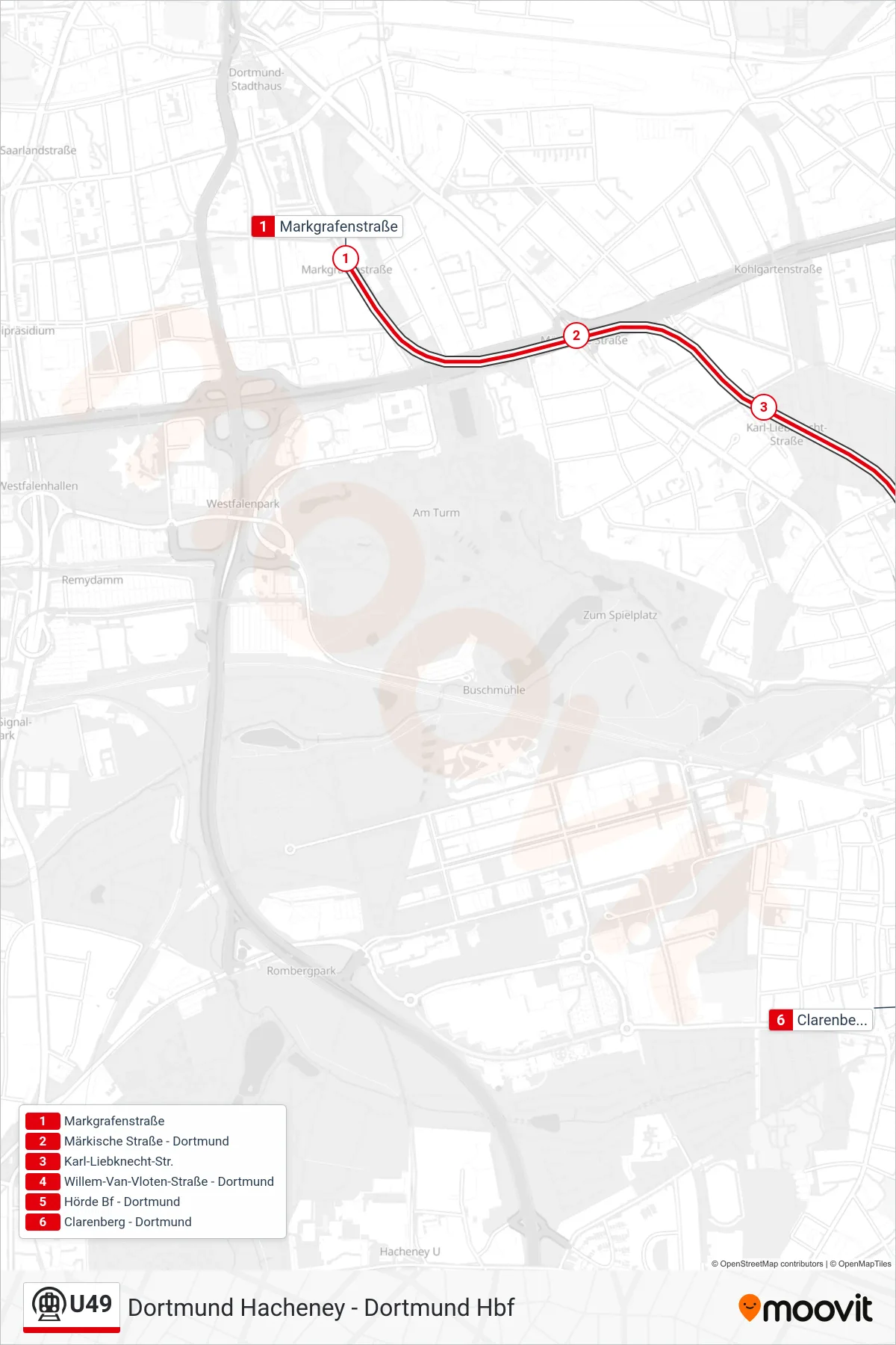 Linie U49 (U-Bahn) Richtung Dortmund Clarenberg: Route und Haltestellen auf der Karte