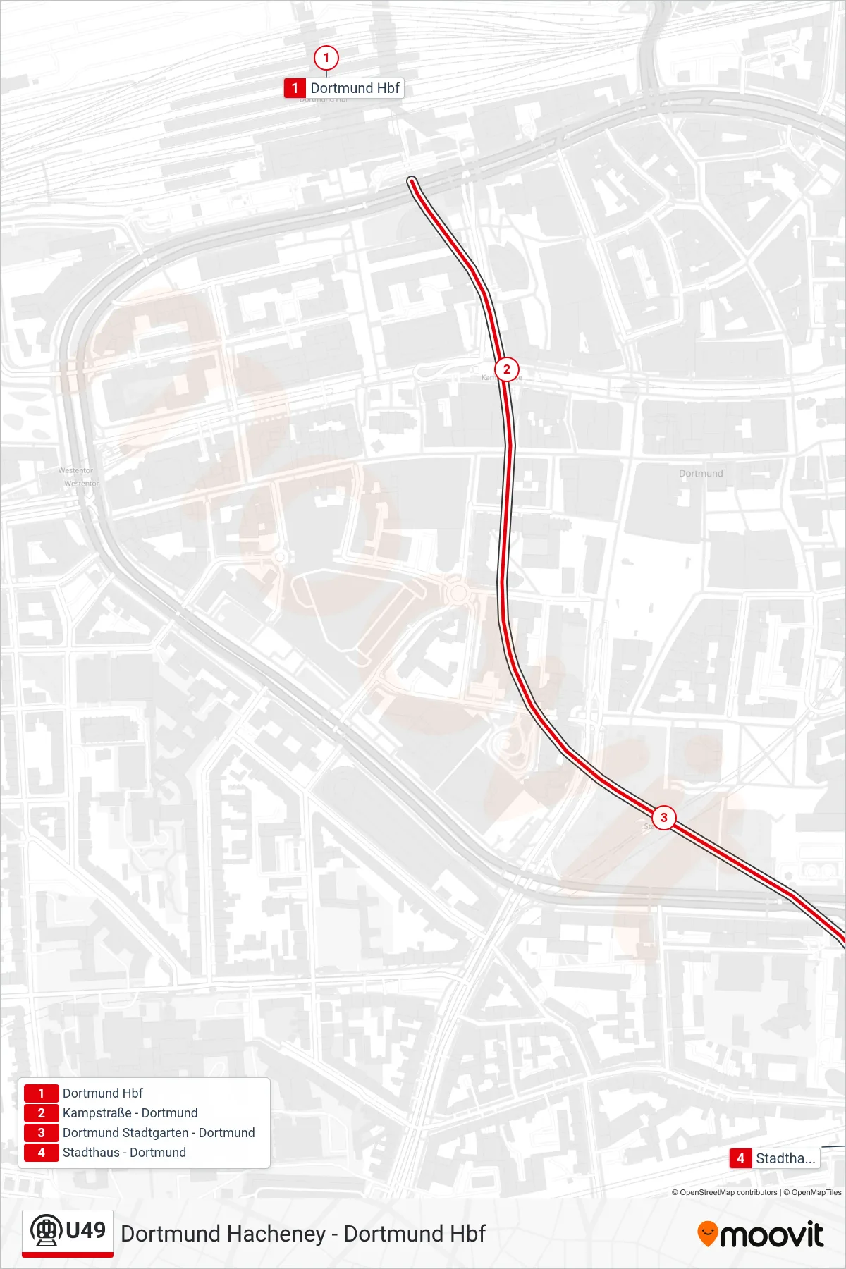 Linie U49 (U-Bahn) Richtung Dortmund Stadthaus: Route und Haltestellen auf der Karte