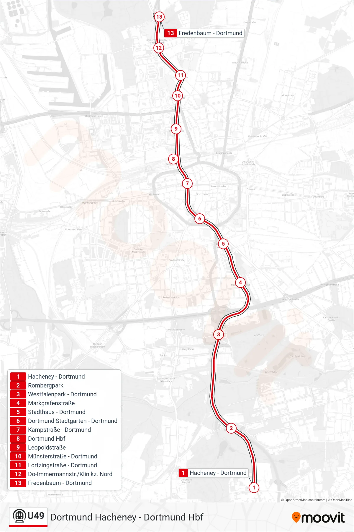 U49 subway Line (Dortmund Fredenbaum) route and stops on a map