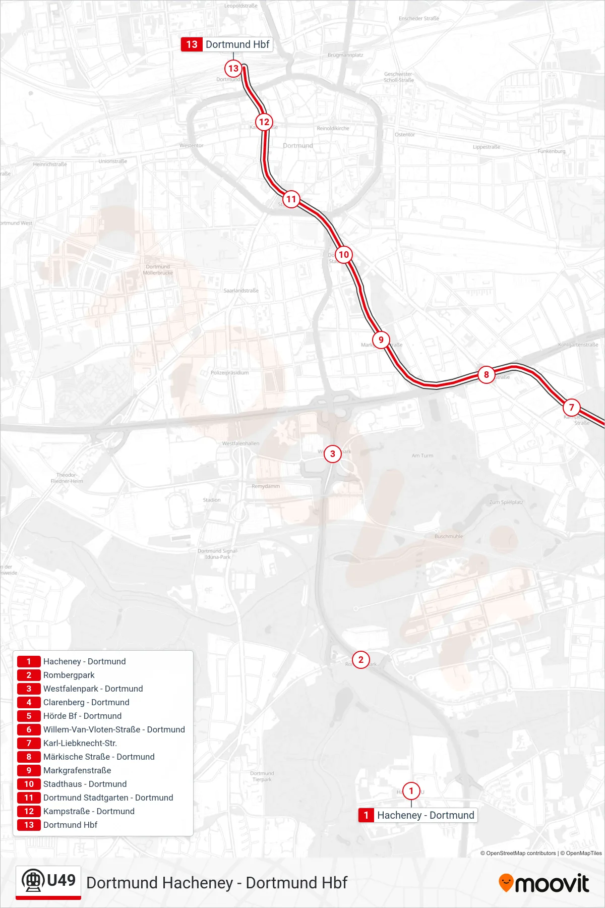 U49 subway Line (Dortmund Hbf) route and stops on a map