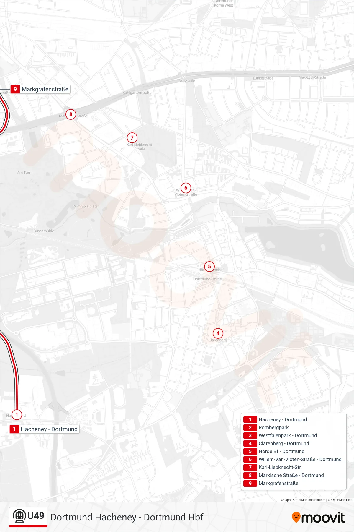 U49 subway Line (Dortmund Markgrafenstraße) route and stops on a map