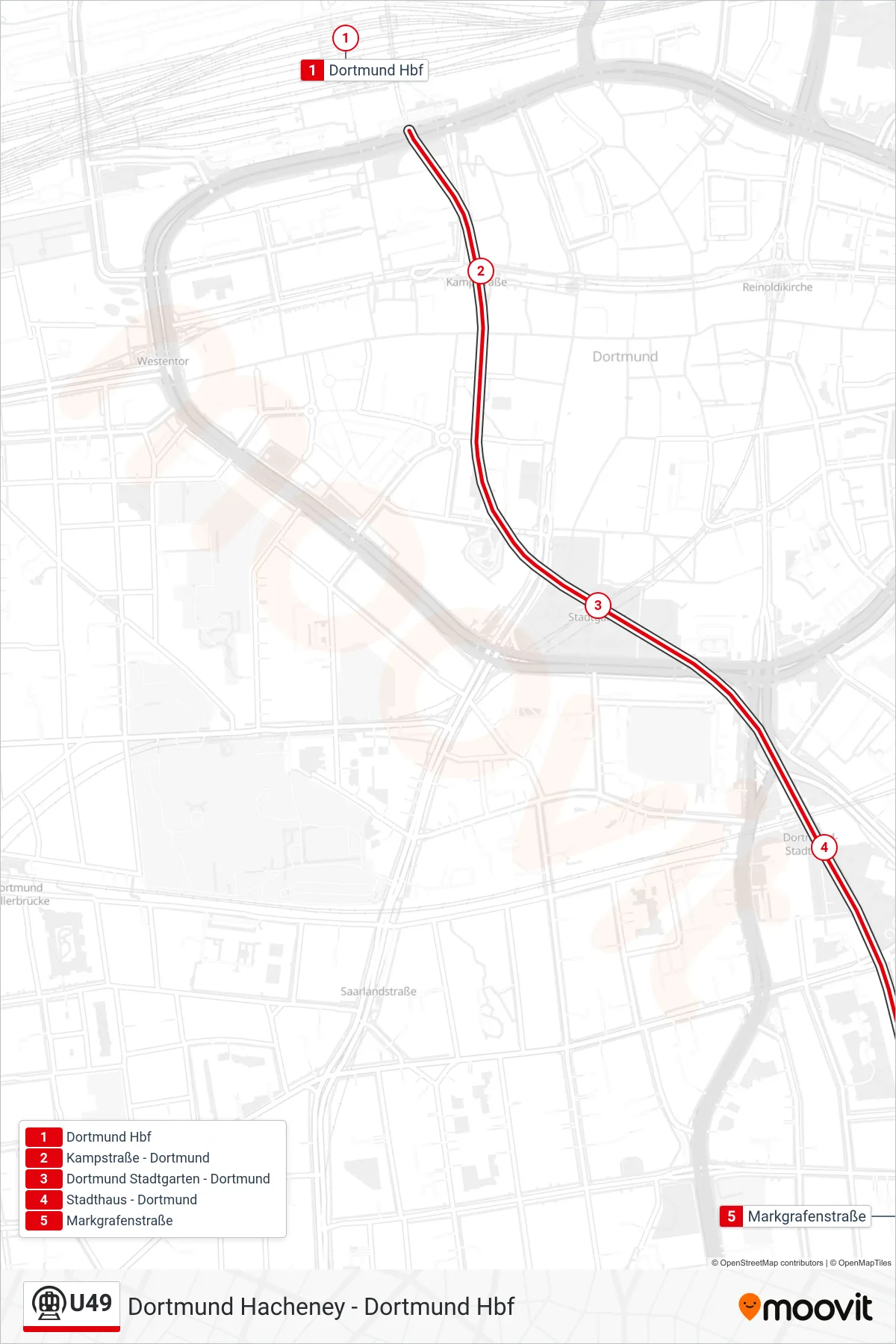 Linie U49 (U-Bahn) Richtung Dortmund Markgrafenstraße: Route und Haltestellen auf der Karte