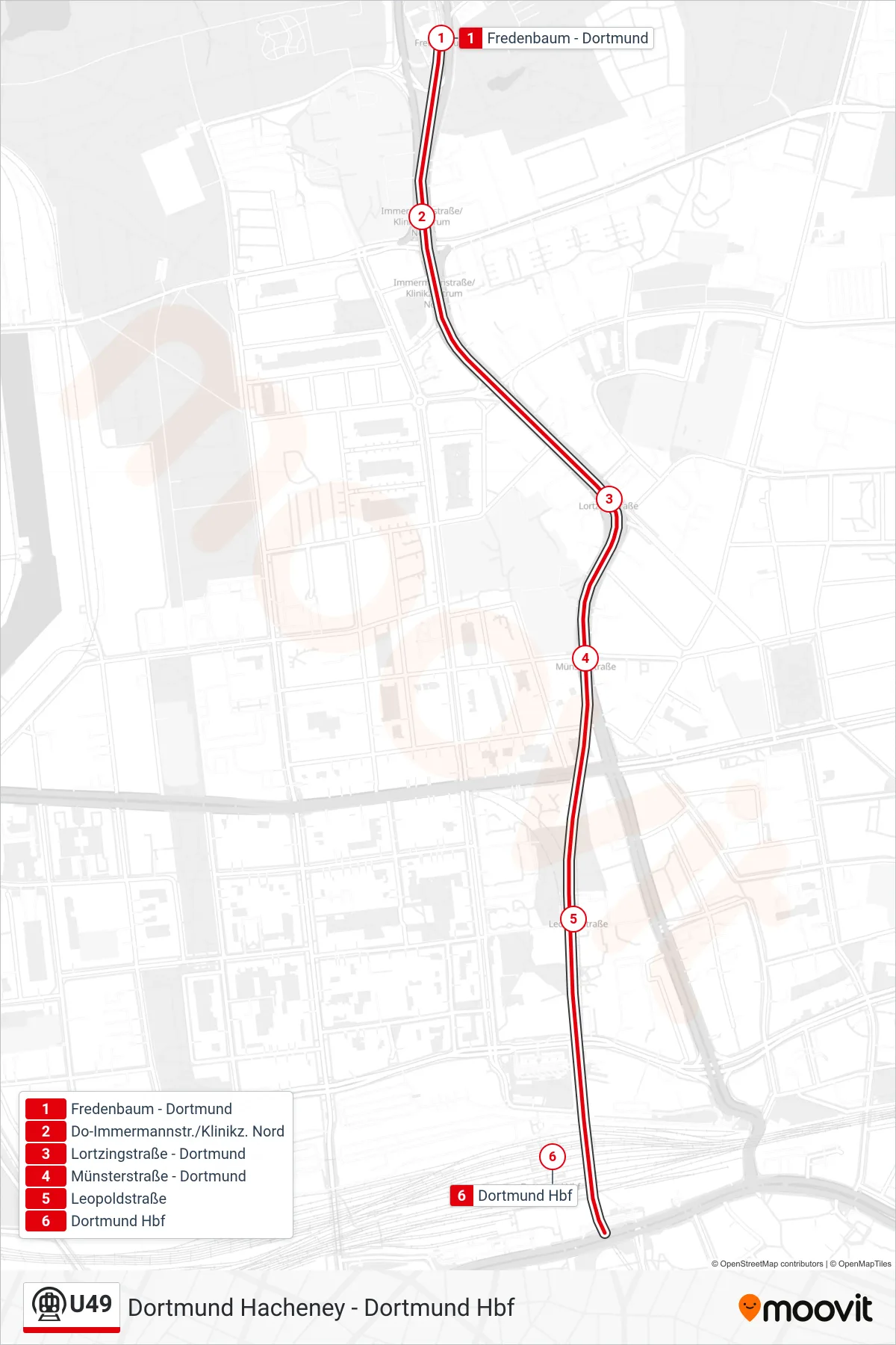 Linie U49 (U-Bahn) Richtung Dortmund Hbf: Route und Haltestellen auf der Karte