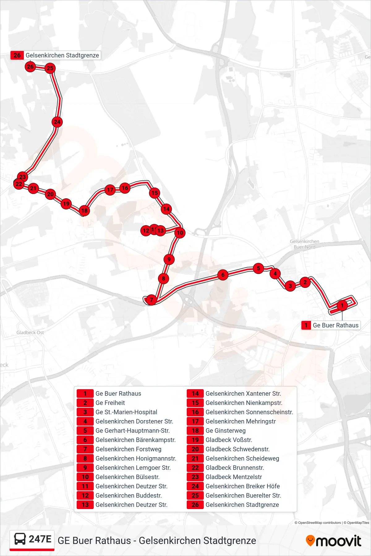 Linie 247E (Bus) Richtung Gelsenkirchen Stadtgrenze: Route und Haltestellen auf der Karte