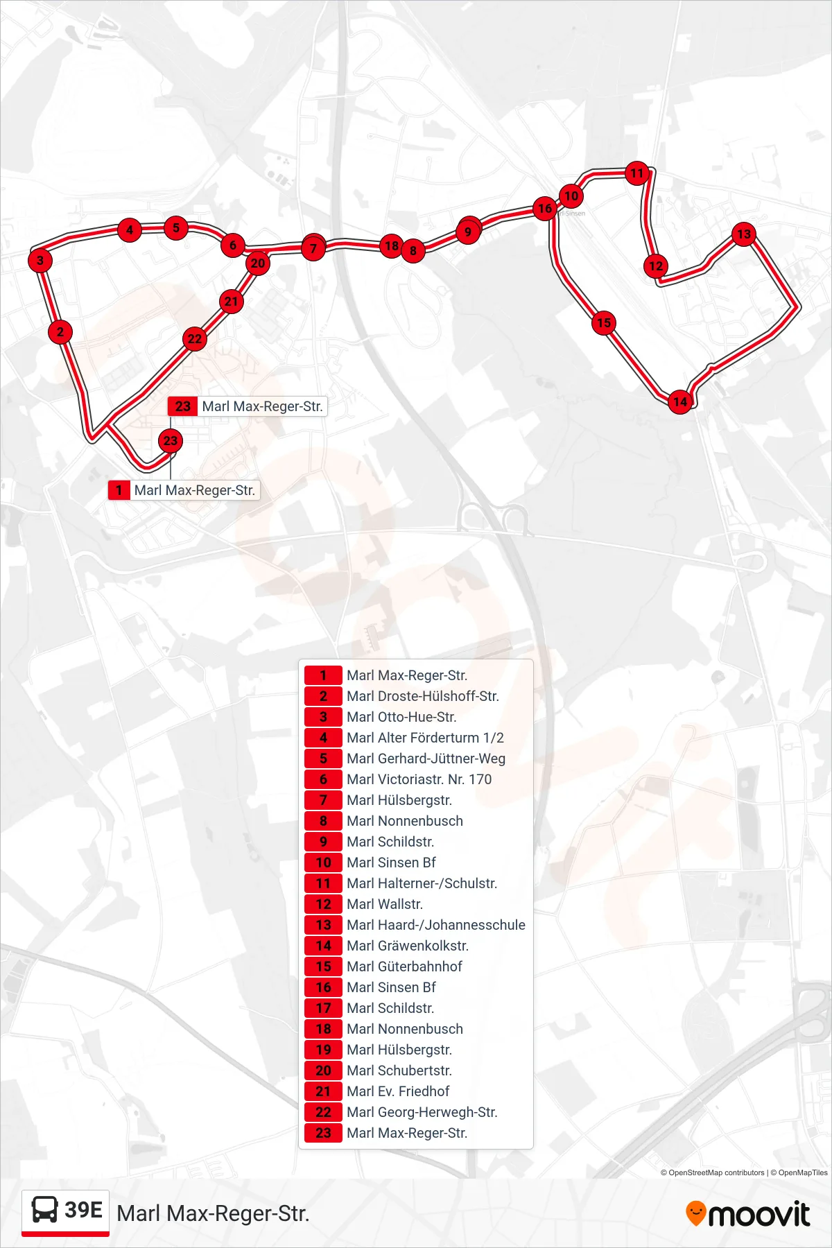 Linie 39E (Bus) Richtung Marl Max-Reger-Str.: Route und Haltestellen auf der Karte