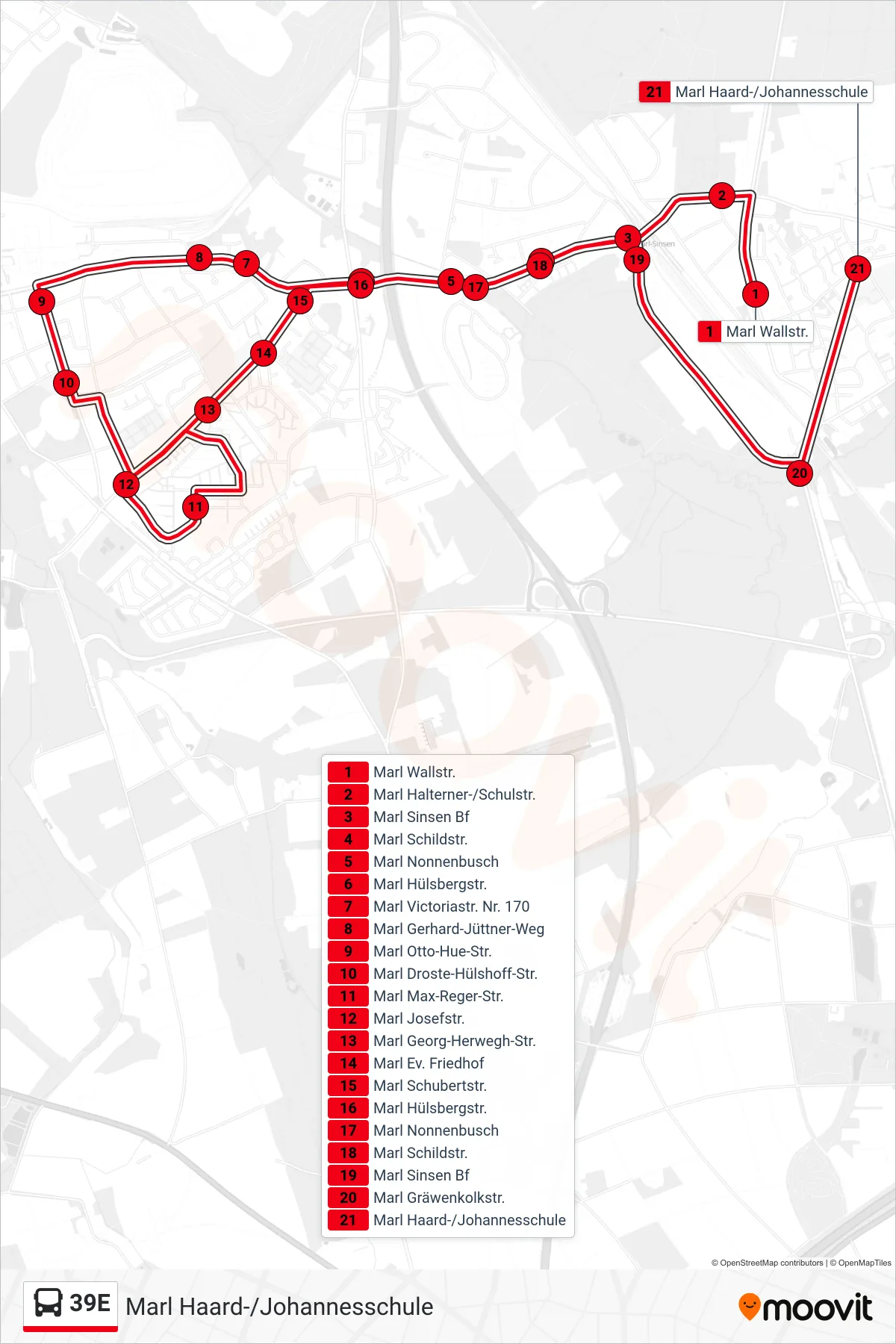Linie 39E (Bus) Richtung Marl Haard-/Johannesschule: Route und Haltestellen auf der Karte