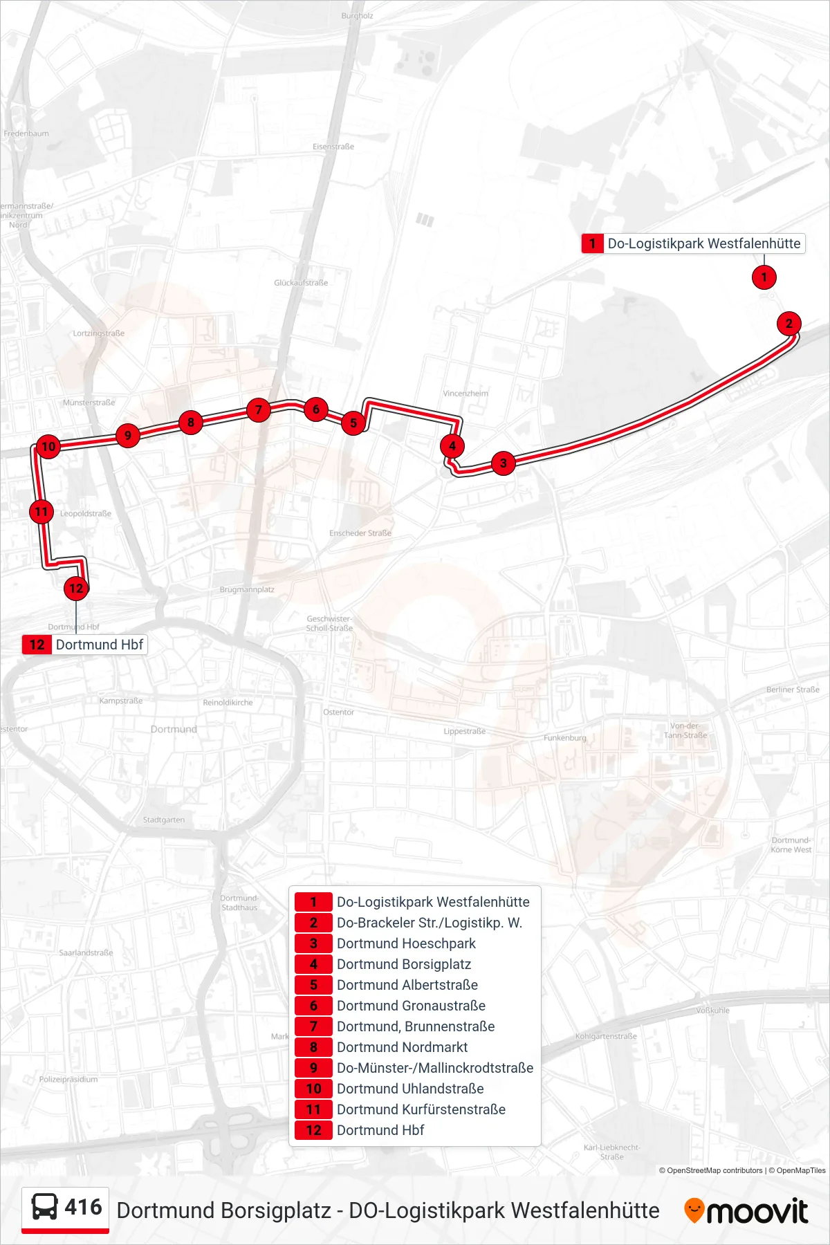 Linie 416 (Bus) Richtung Dortmund Hbf: Route und Haltestellen auf der Karte