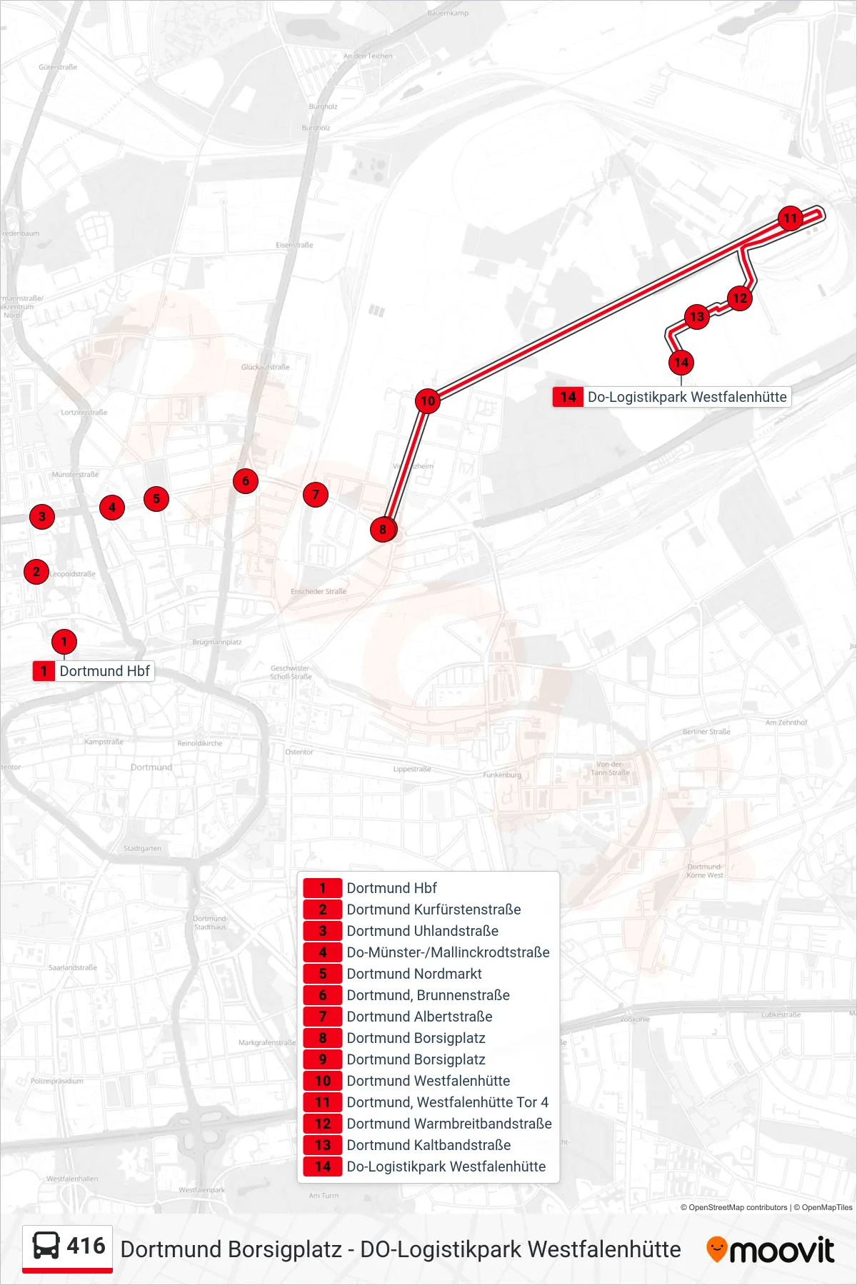 416 bus Line (Do-Logistikpark Westfalenhütte) route and stops on a map