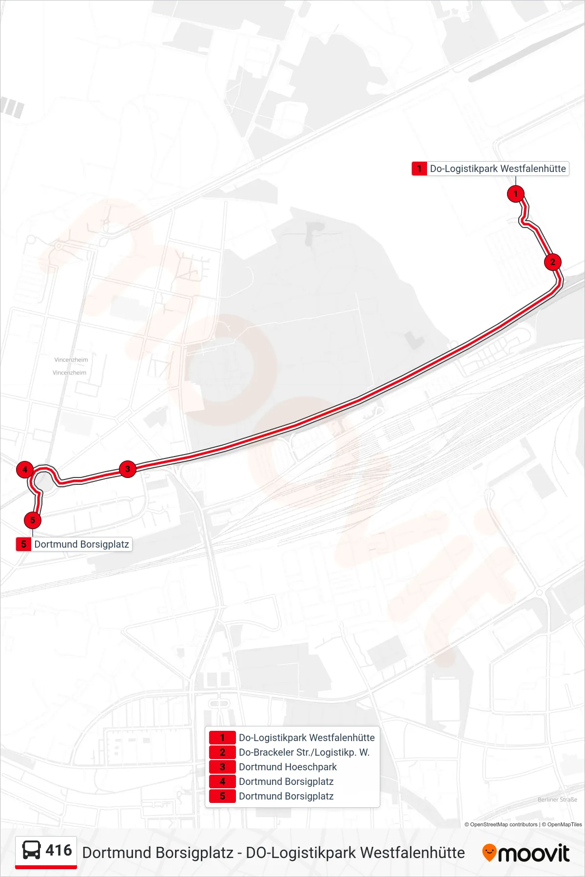 416 bus Line (Dortmund Borsigplatz) route and stops on a map