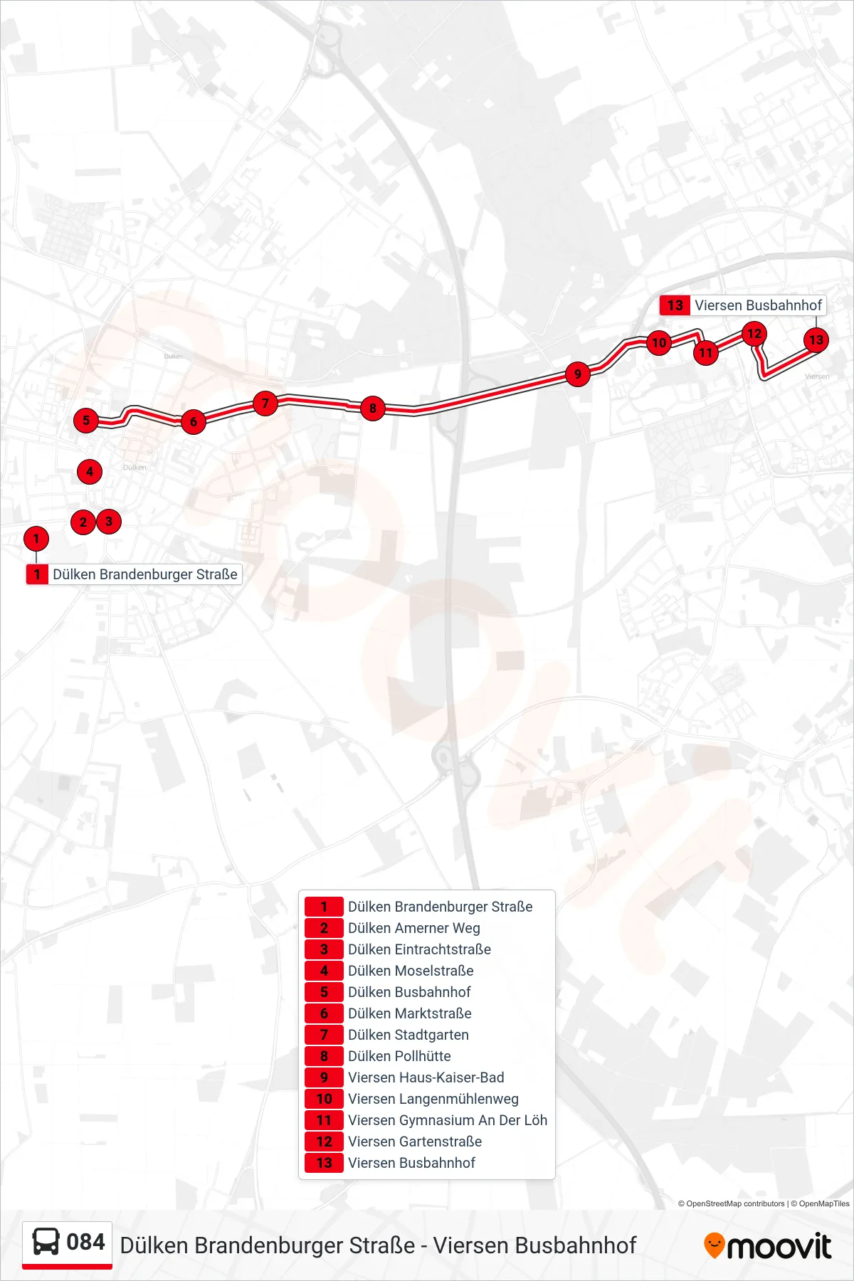 084 bus Line (Viersen Busbahnhof) route and stops on a map