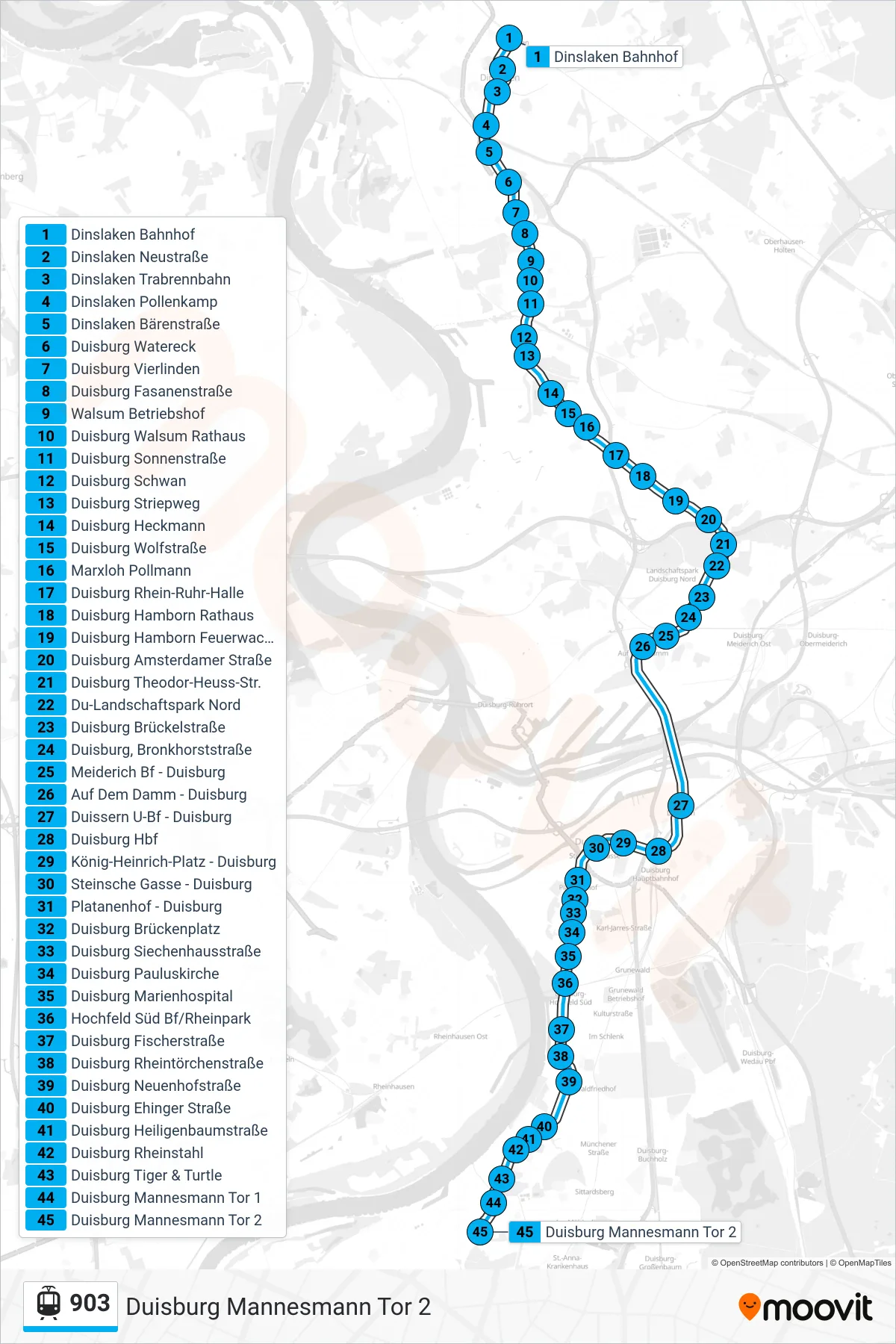 903 light rail Line (Duisburg Mannesmann Tor 2) route and stops on a map