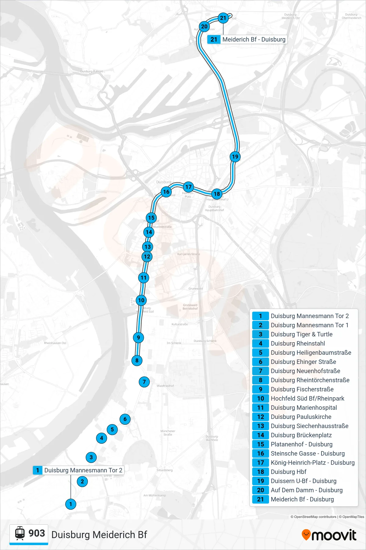 903 tram Line (Duisburg Meiderich Bf) route and stops on a map