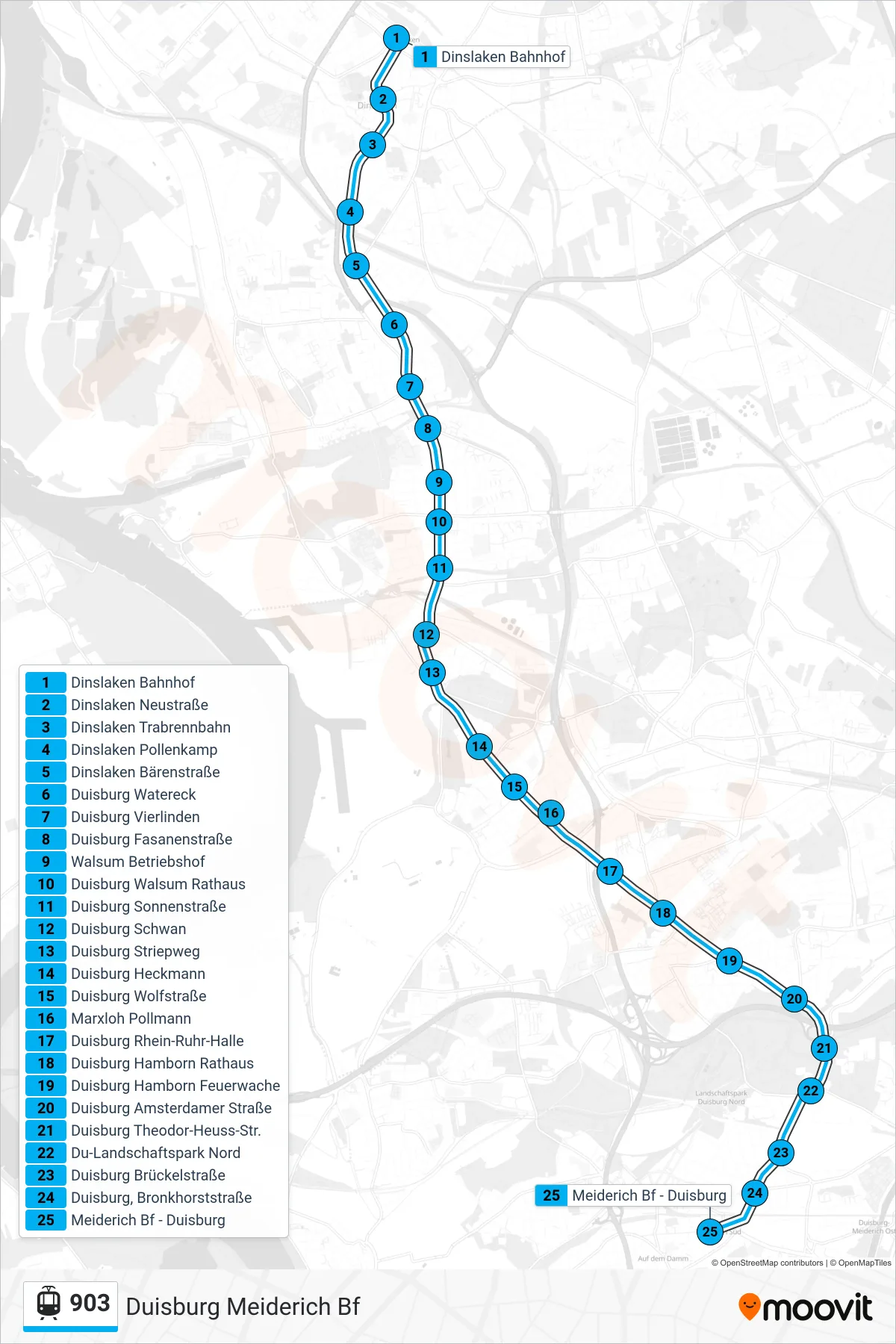 Linie 903 (Straßenbahn) Richtung Duisburg Meiderich Bf: Route und Haltestellen auf der Karte