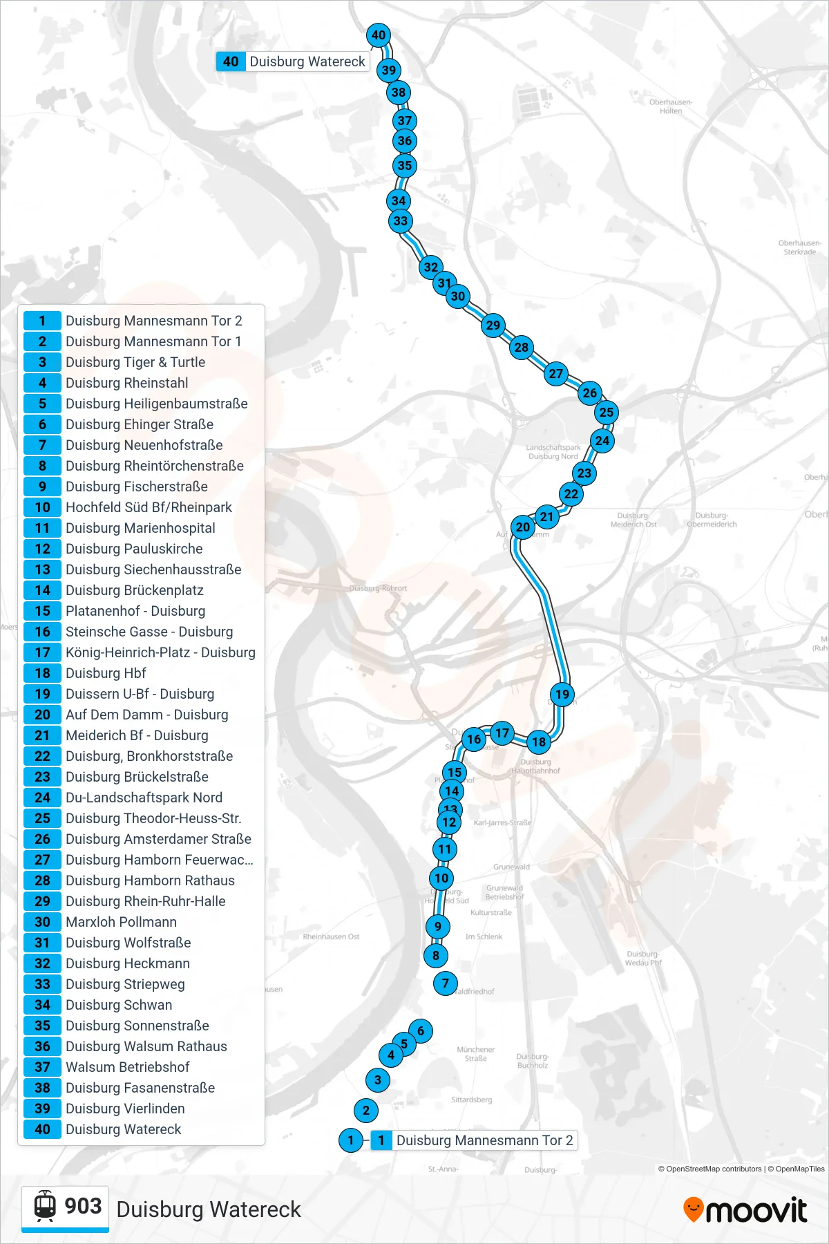 903 tram Line (Duisburg Watereck) route and stops on a map