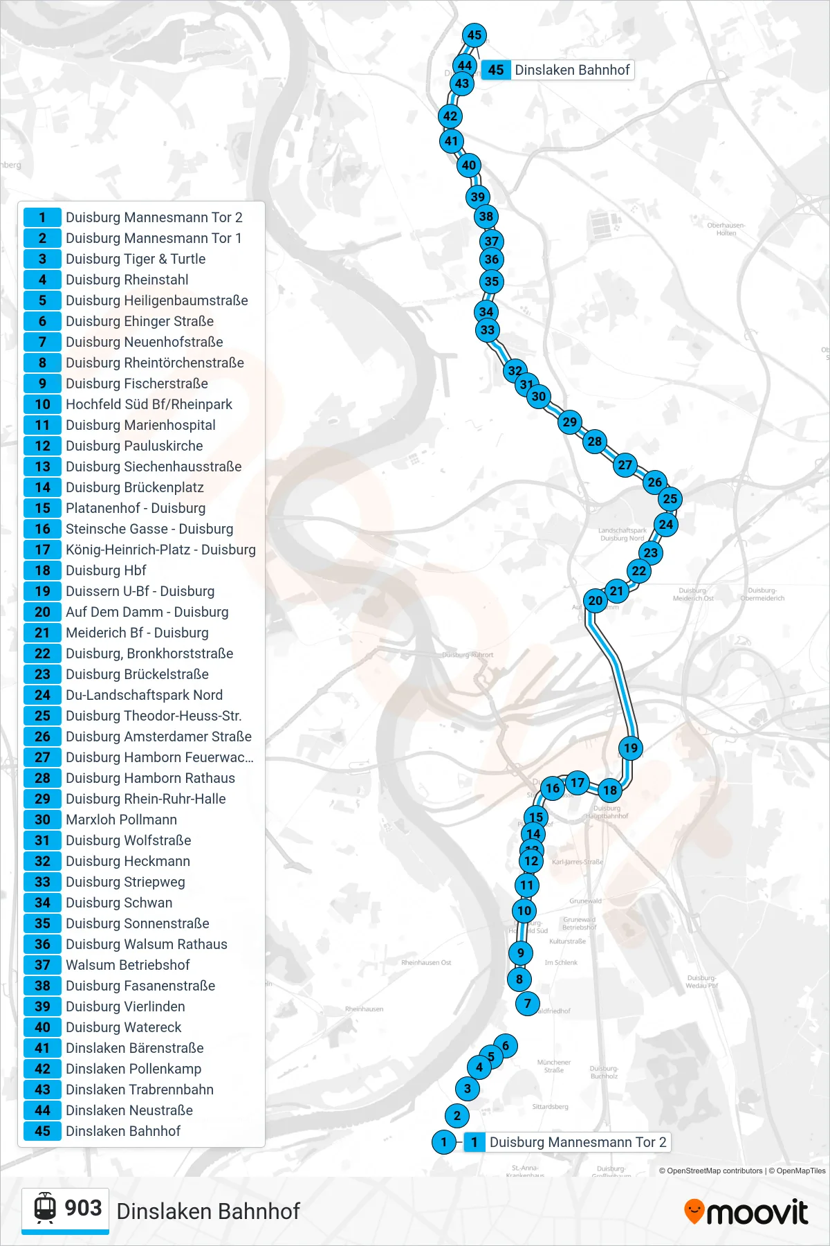 903 tram Line (Dinslaken Bahnhof) route and stops on a map