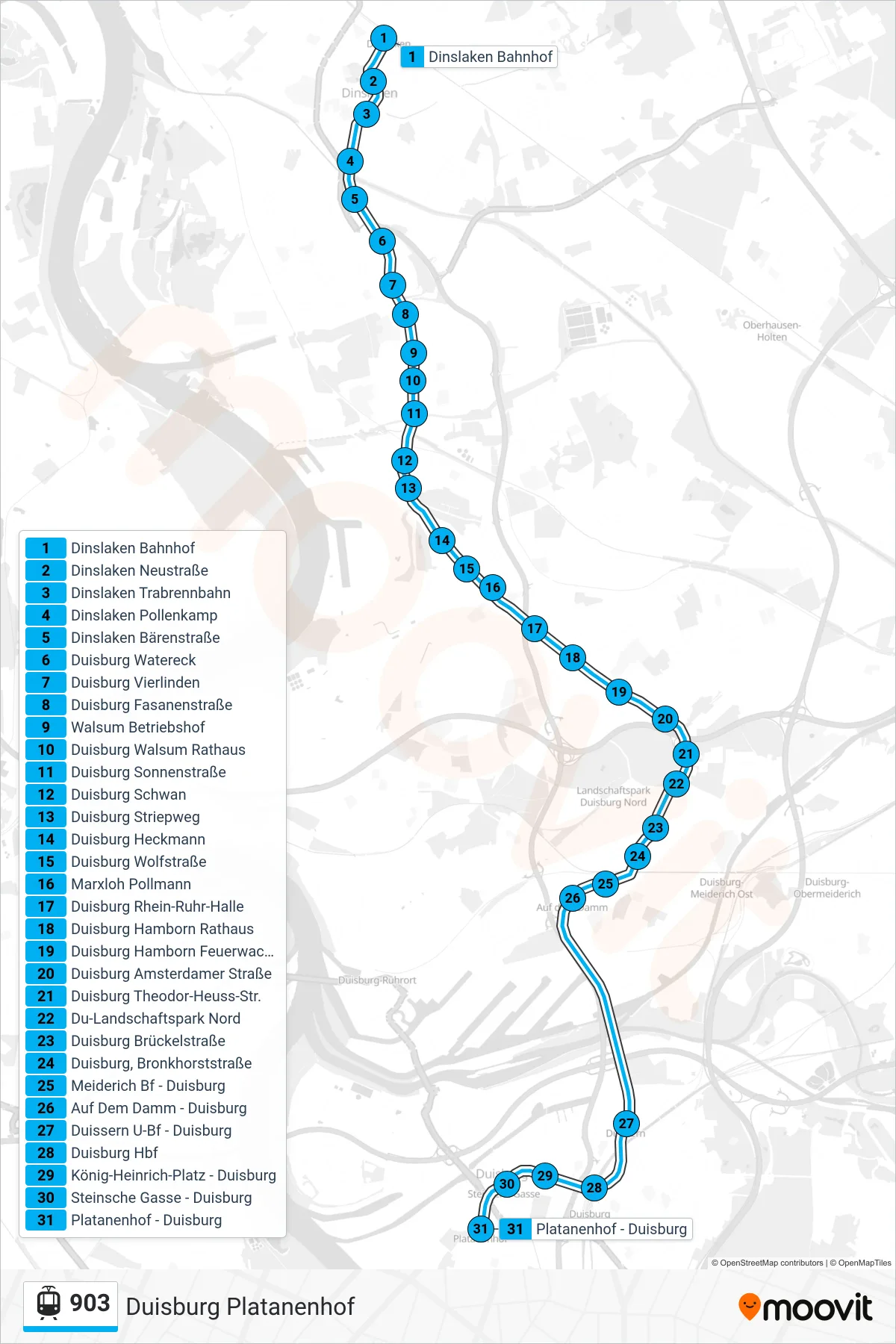 903 tram Line (Duisburg Platanenhof) route and stops on a map