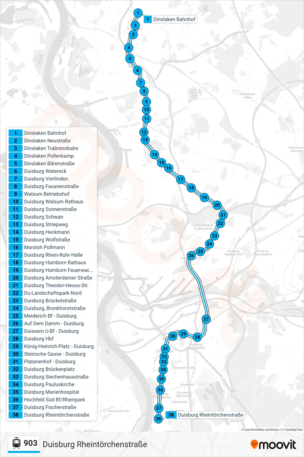 Linie 903 (Straßenbahn) Richtung Duisburg Rheintörchenstraße: Route und Haltestellen auf der Karte