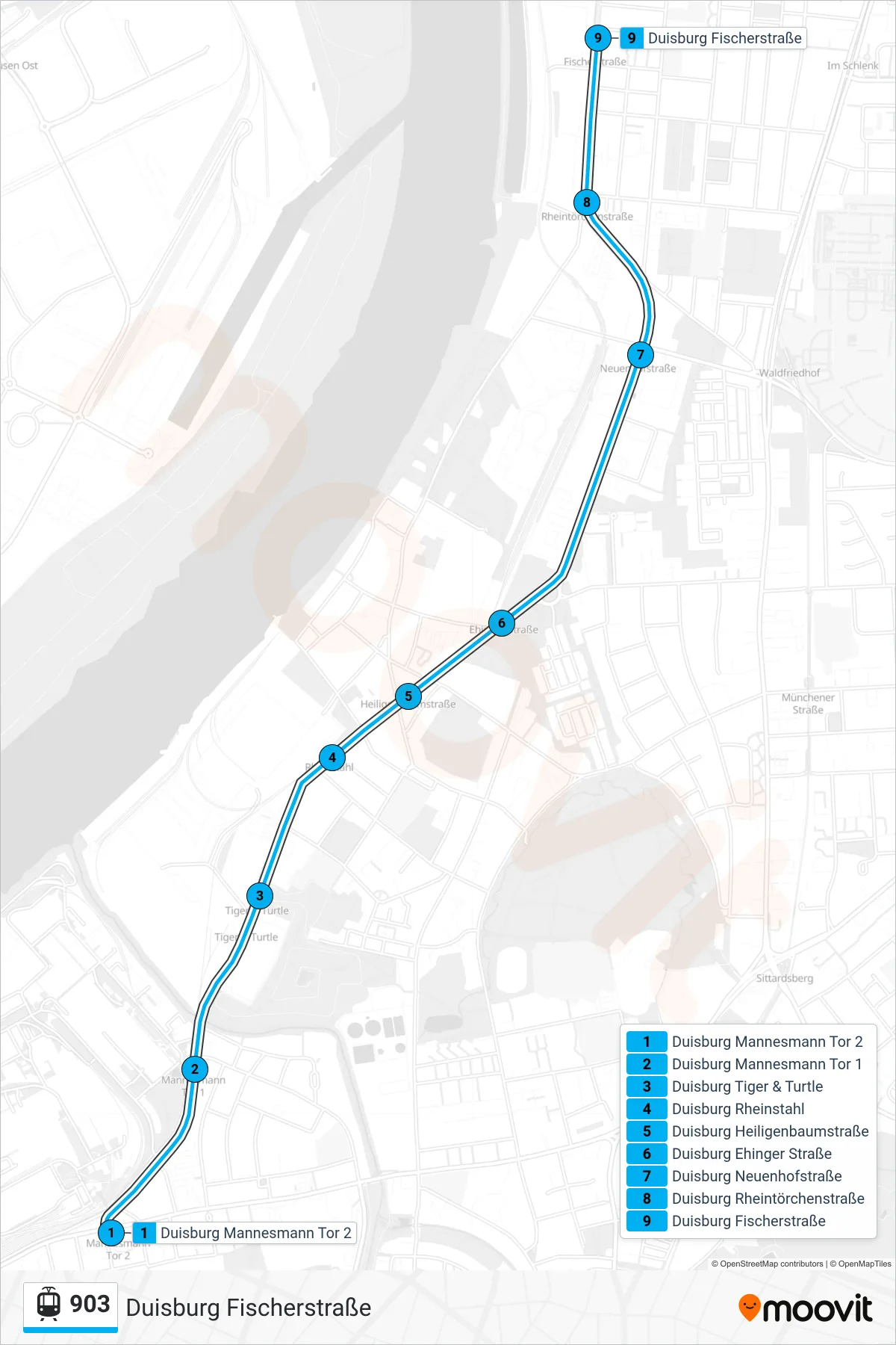 Linie 903 (Straßenbahn) Richtung Duisburg Fischerstraße: Route und Haltestellen auf der Karte
