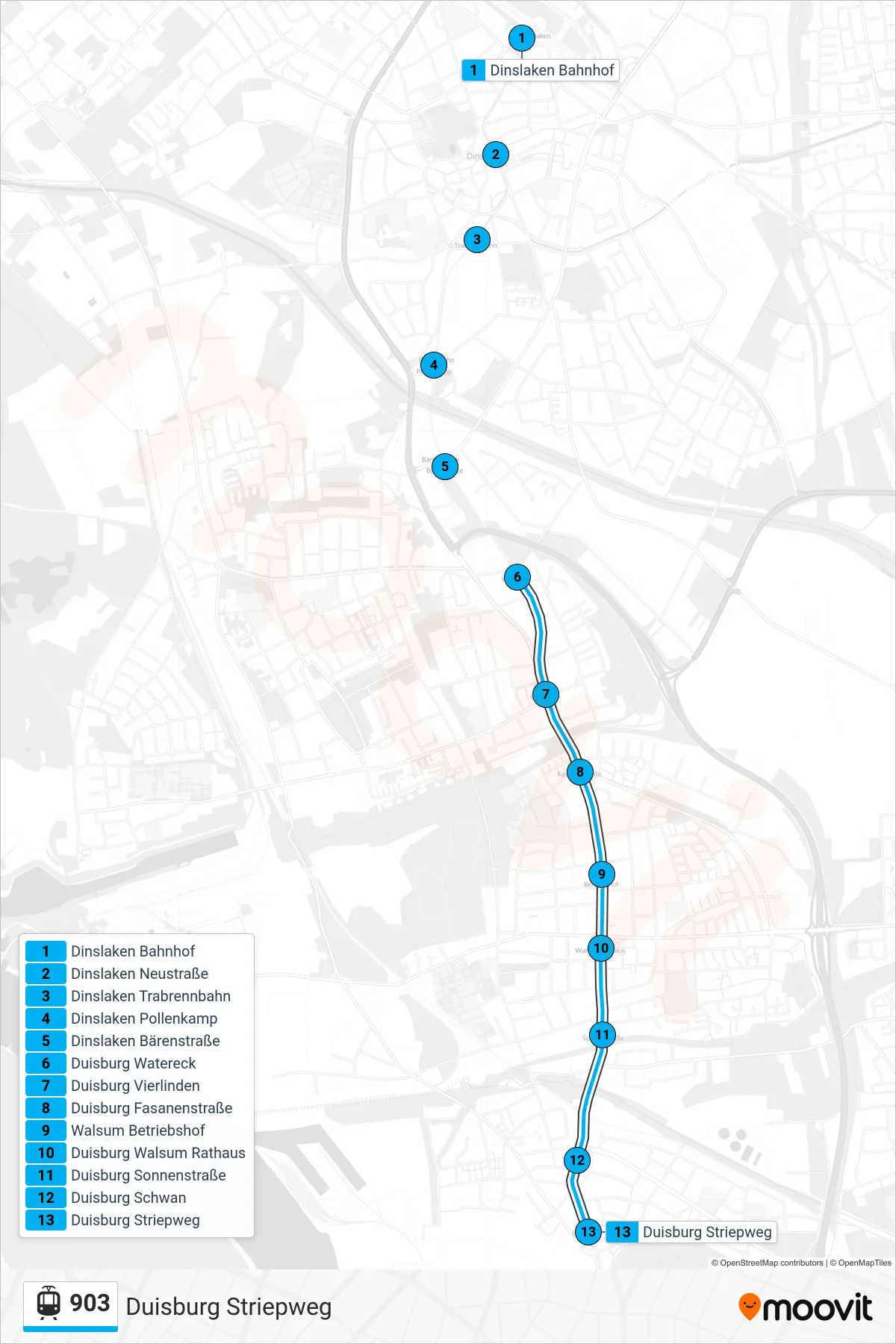Linie 903 (Tram) Richtung Duisburg Striepweg: Route und Haltestellen auf der Karte