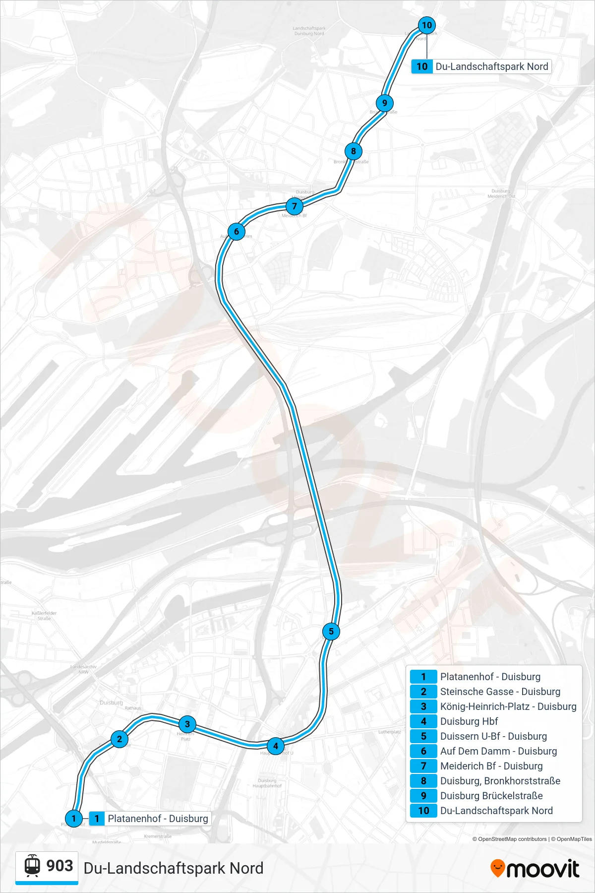 Linie 903 (Tram) Richtung Du-Landschaftspark Nord: Route und Haltestellen auf der Karte