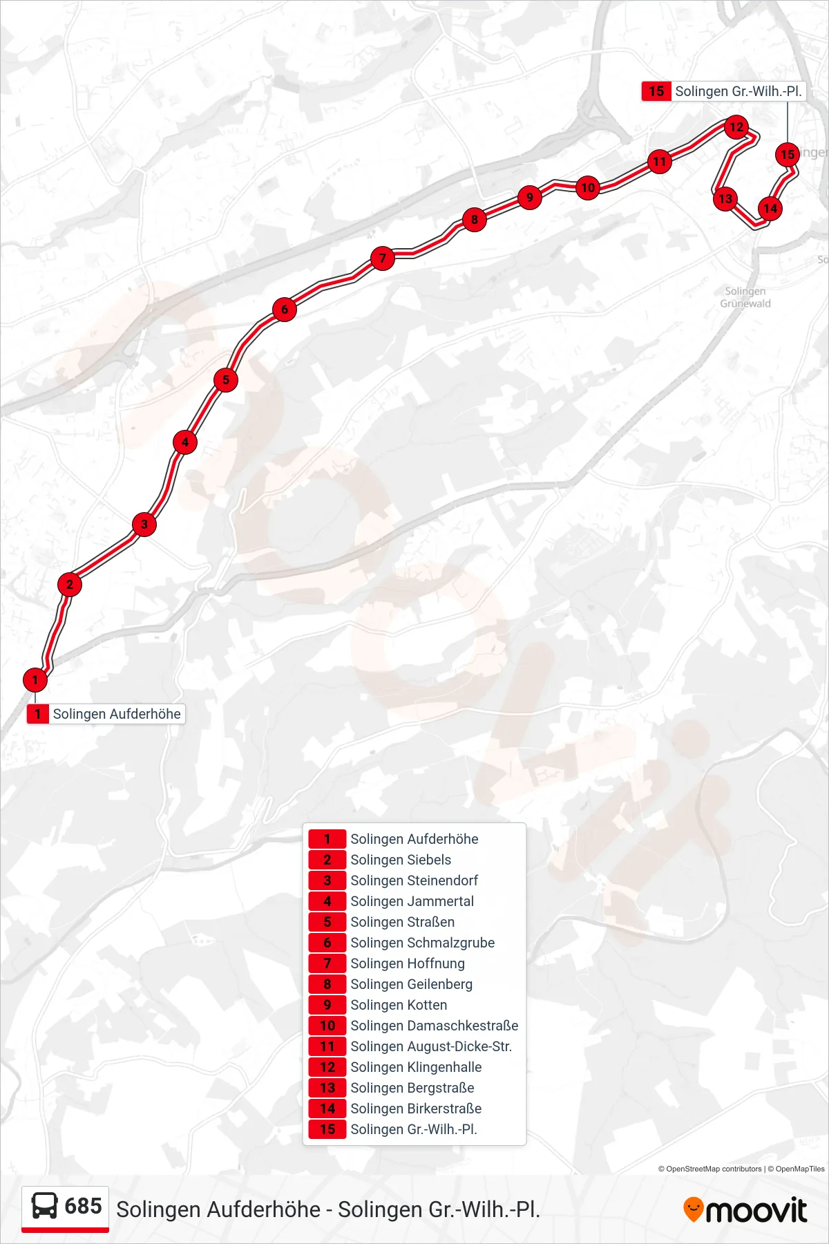 Linie 685 (Bus) Richtung Solingen Gr.-Wilh.-Pl.: Route und Haltestellen auf der Karte
