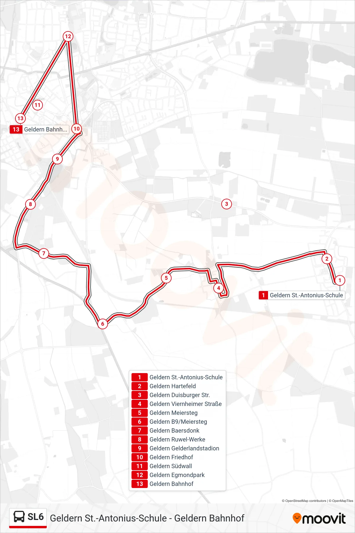 Linie SL6 (Bus) Richtung Geldern Bahnhof: Route und Haltestellen auf der Karte