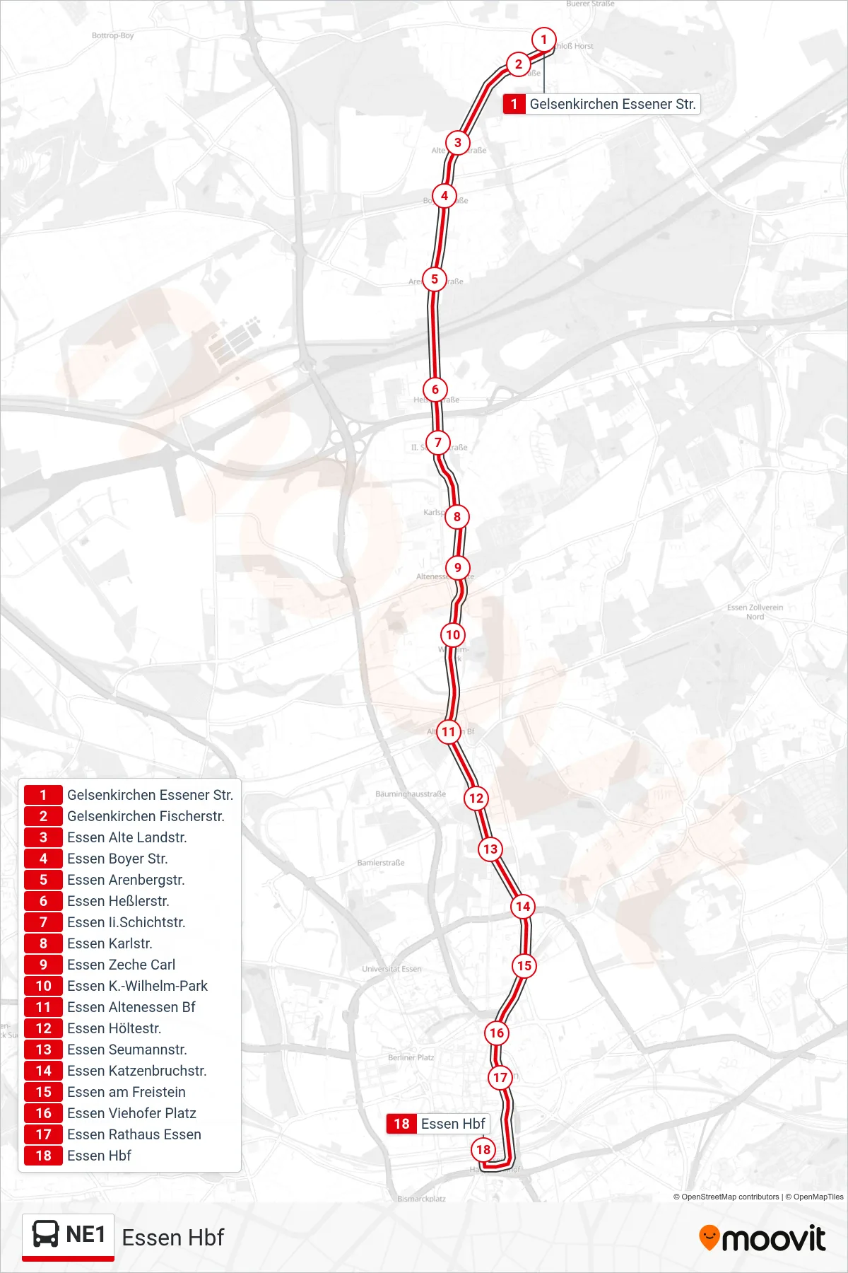 Linie NE1 (Bus) Richtung Essen Hbf: Route und Haltestellen auf der Karte