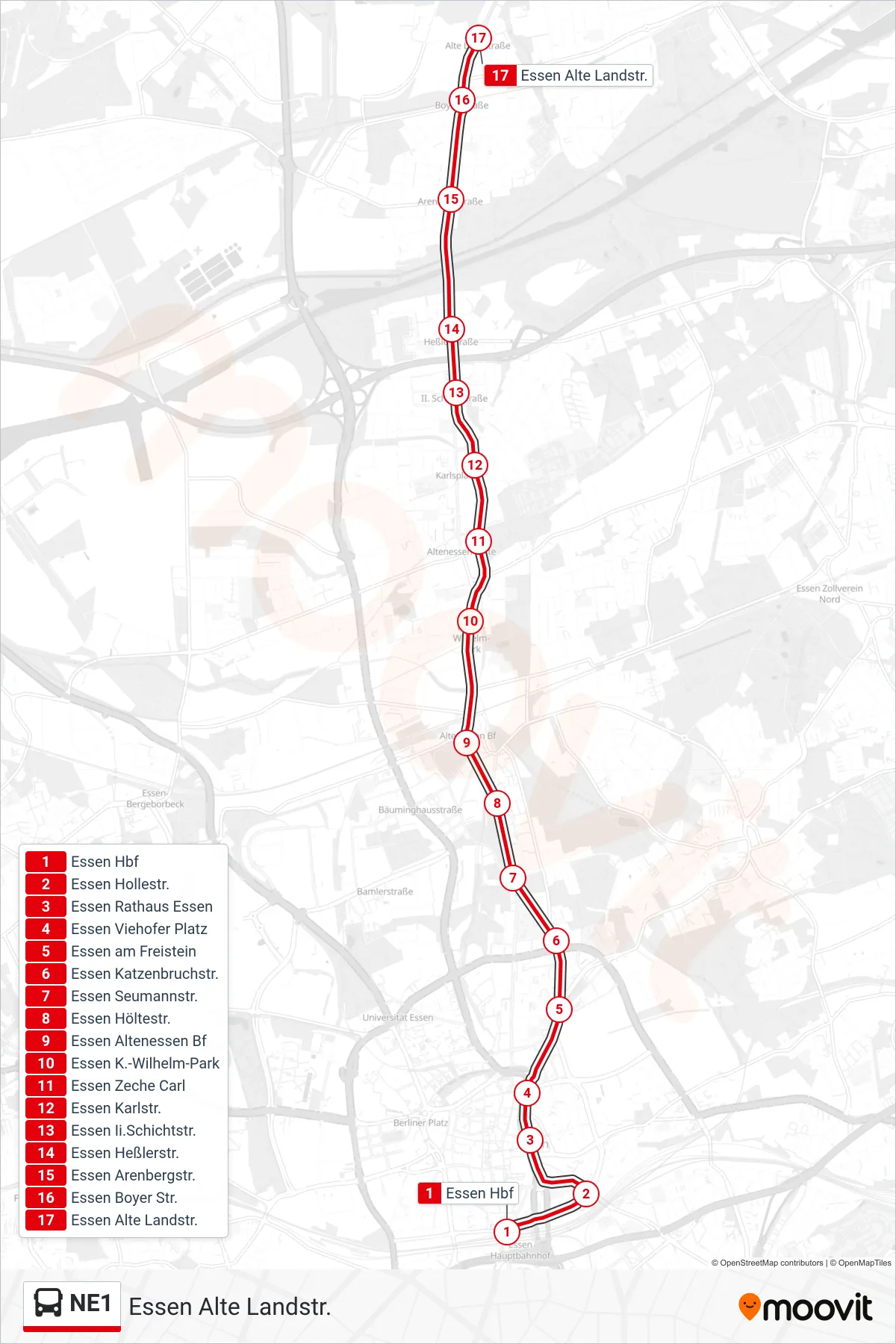 Linie NE1 (Bus) Richtung Essen Alte Landstr.: Route und Haltestellen auf der Karte