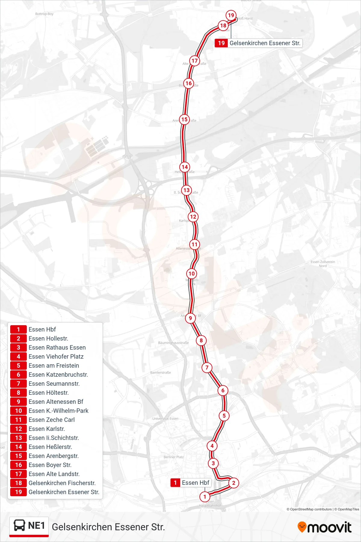 Linie NE1 (Bus) Richtung Gelsenkirchen Essener Str.: Route und Haltestellen auf der Karte