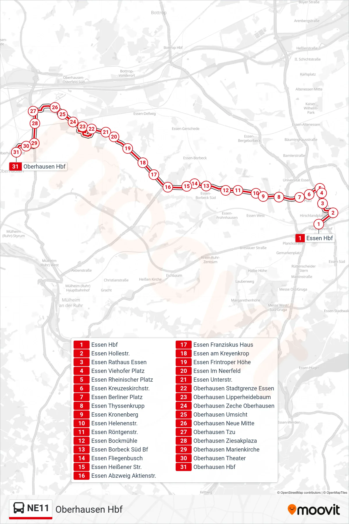 Linie NE11 (Bus) Richtung Oberhausen Hbf: Route und Haltestellen auf der Karte