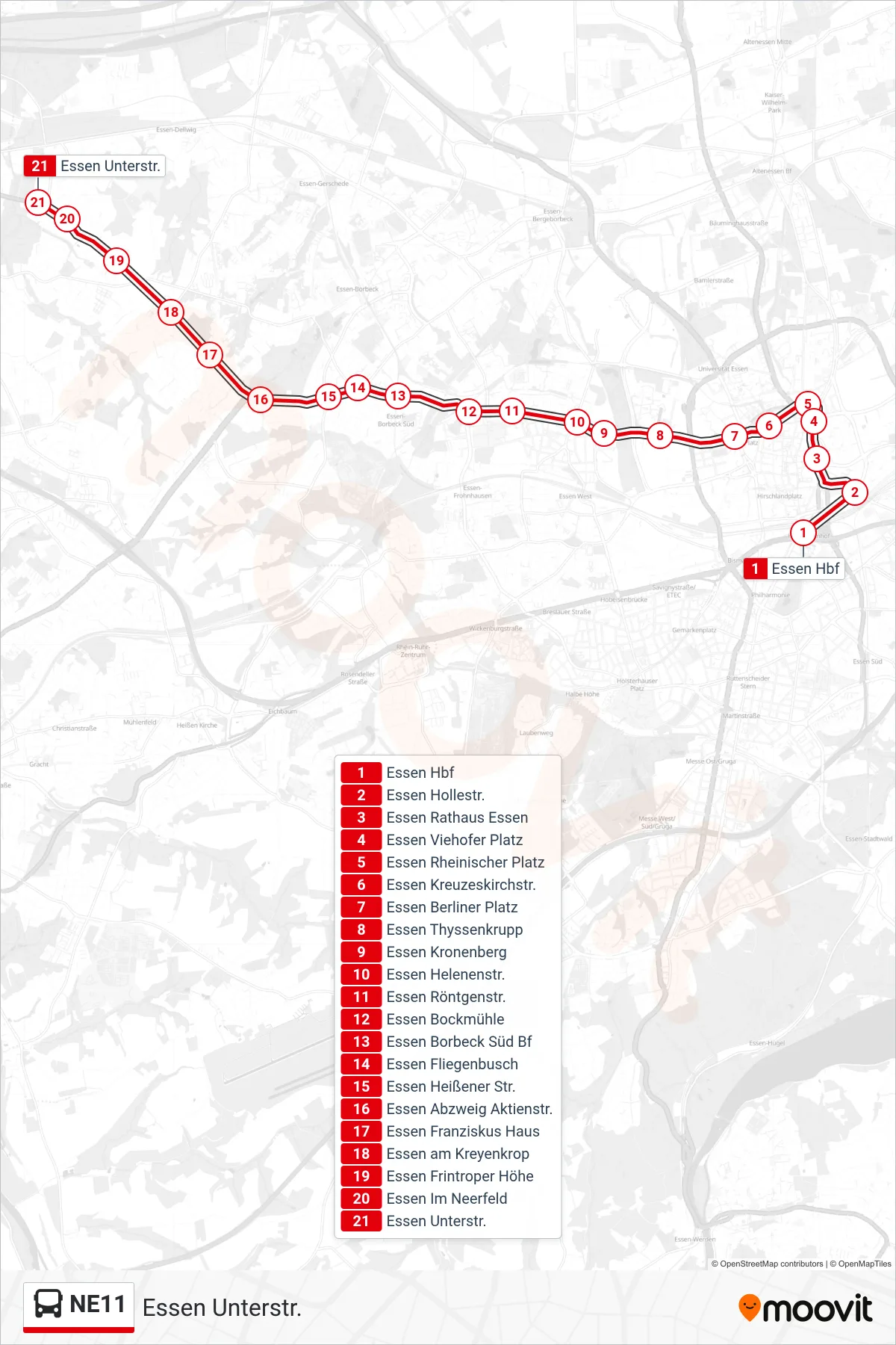 Linie NE11 (Bus) Richtung Essen Unterstr.: Route und Haltestellen auf der Karte