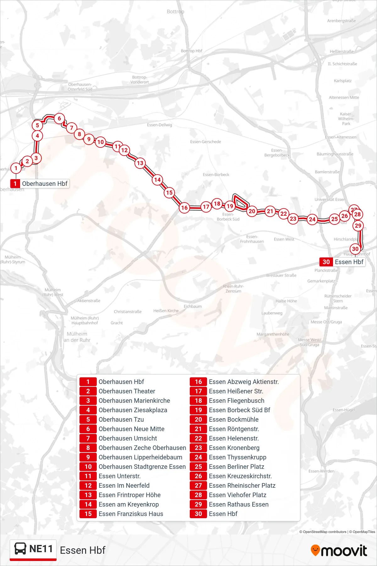 NE11 bus Line (Essen Hbf) route and stops on a map