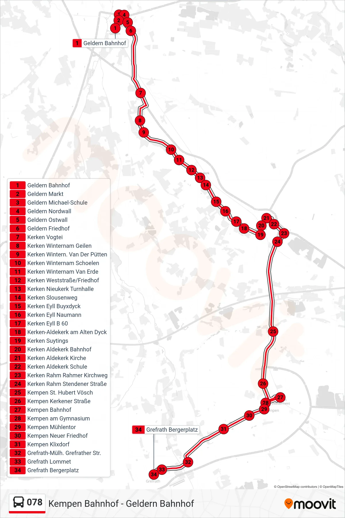 078 bus Line (Grefrath Bergerplatz) route and stops on a map