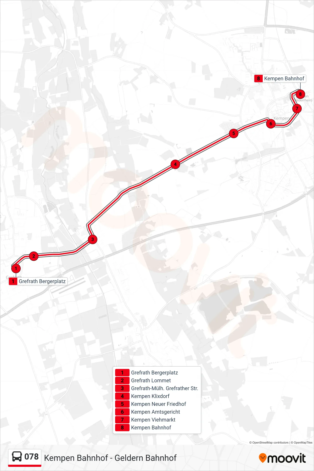Linie 078 (Bus) Richtung Kempen Bahnhof: Route und Haltestellen auf der Karte