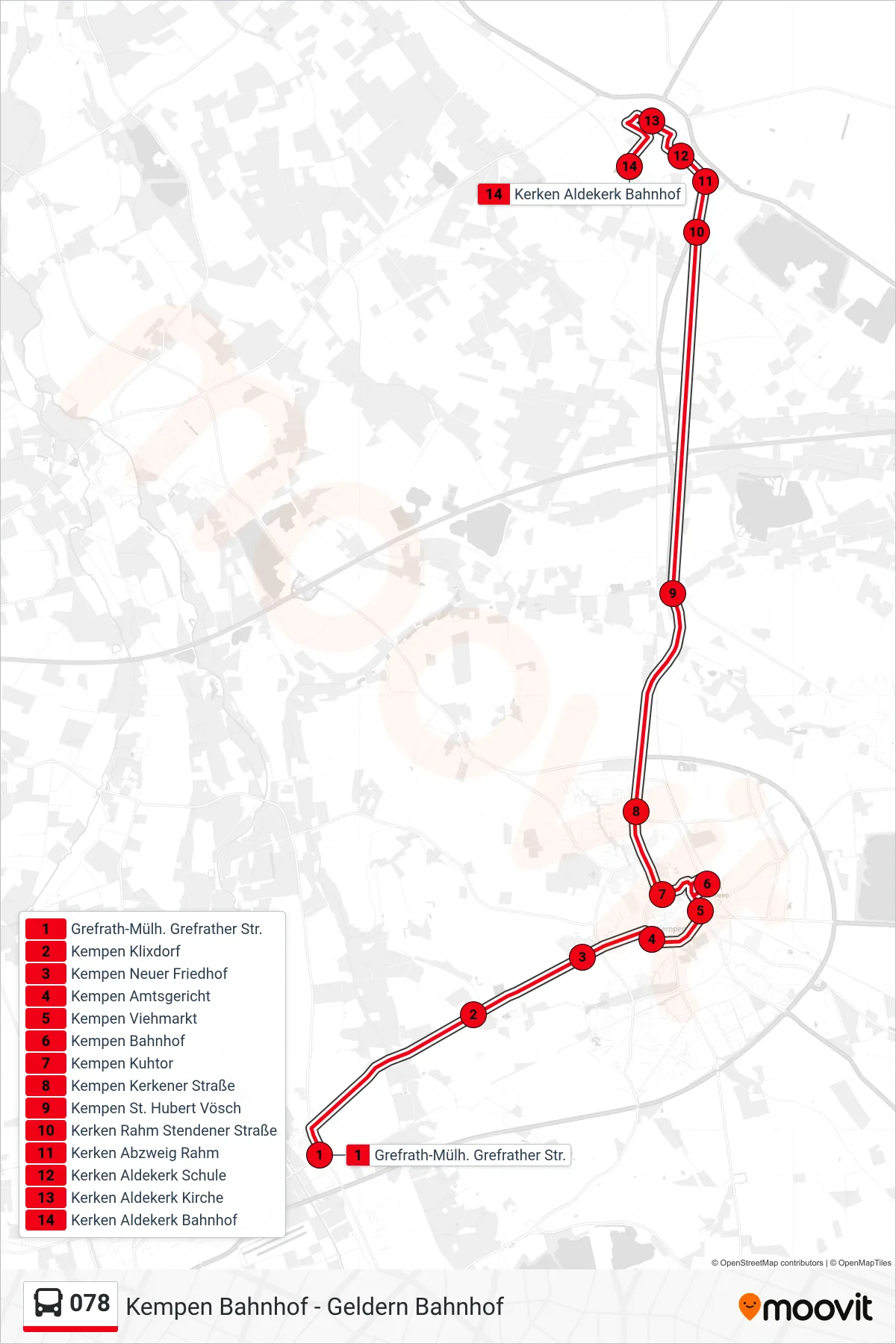 078 bus Line (Kerken Aldekerk Bahnhof) route and stops on a map
