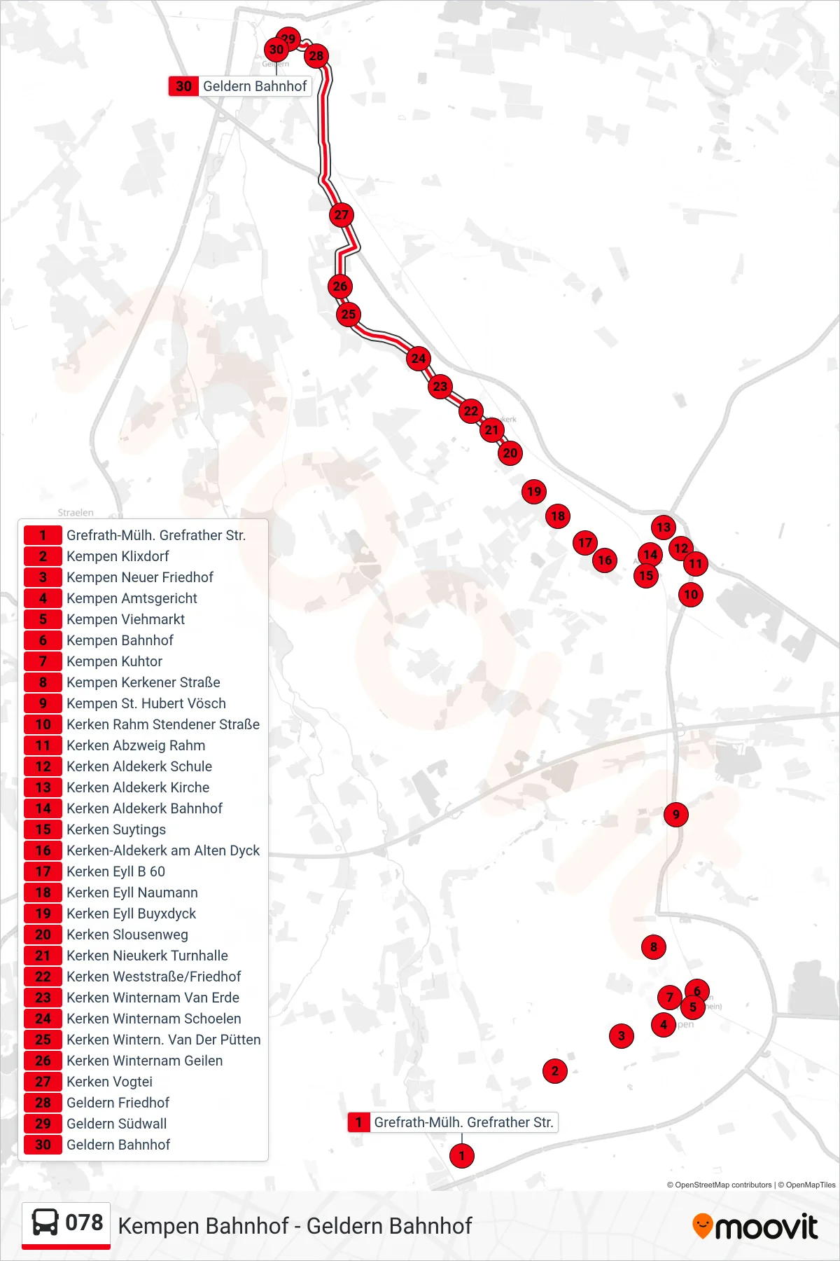 078 bus Line (Geldern Bahnhof) route and stops on a map