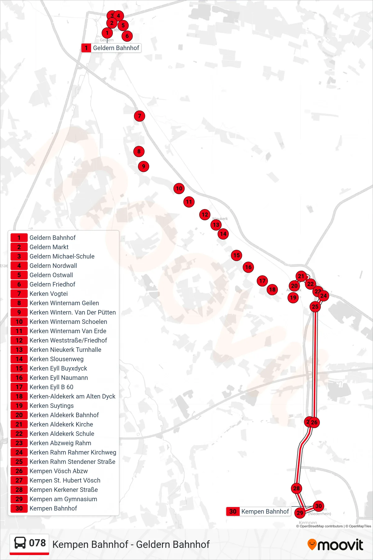 Linie 078 (Bus) Richtung Kempen Bahnhof: Route und Haltestellen auf der Karte