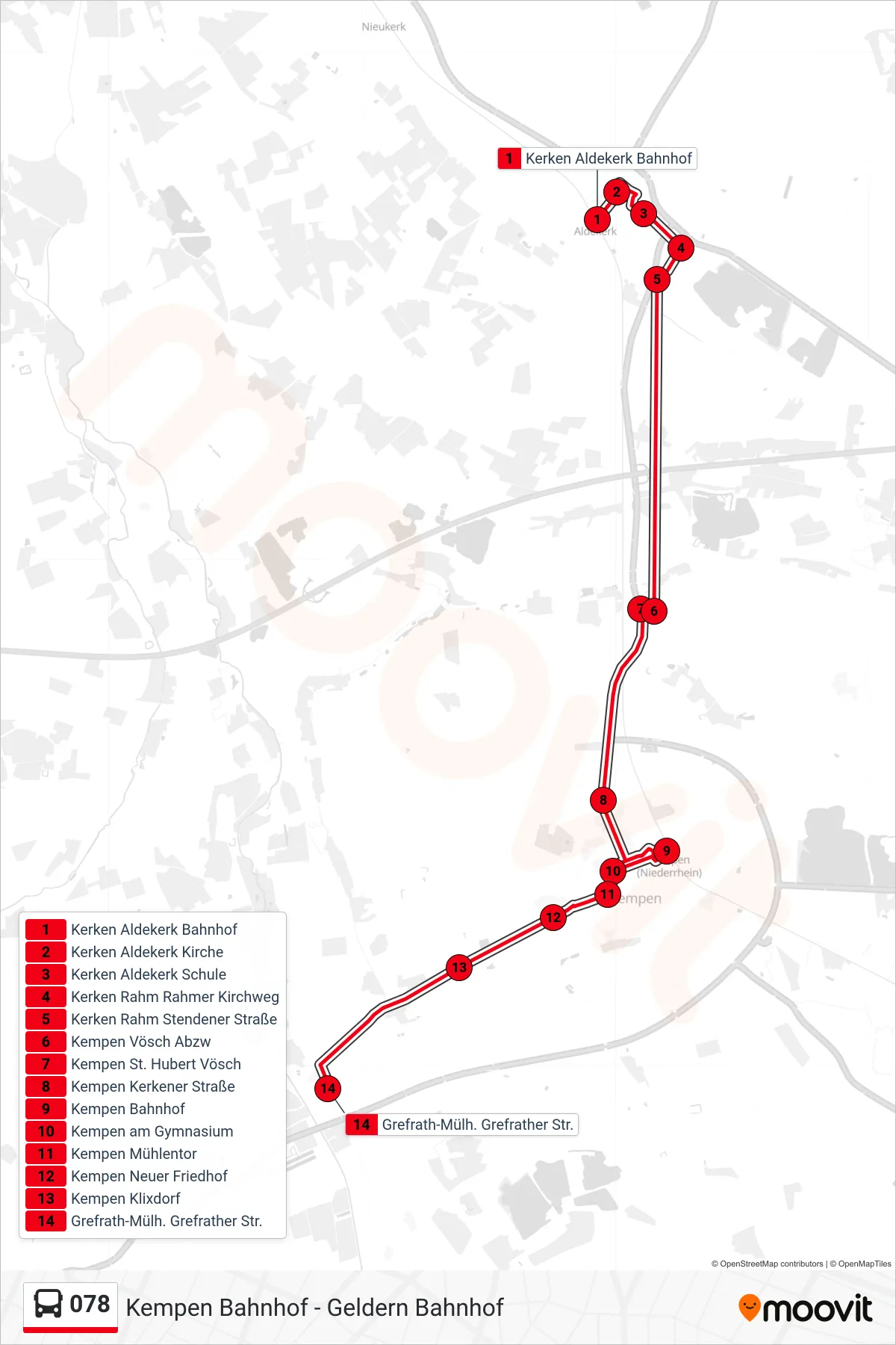 Linie 078 (Bus) Richtung Grefrath-Mülh. Grefrather Str.: Route und Haltestellen auf der Karte