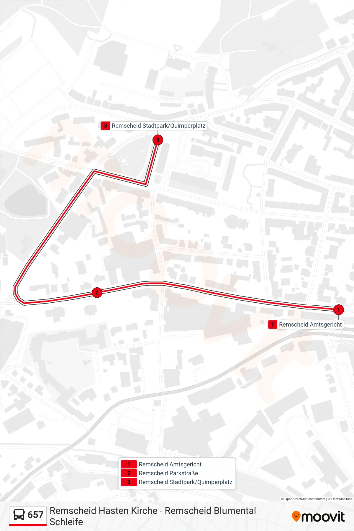 Linie 657 (Bus) Richtung Remscheid Stadtpark/Quimperplatz: Route und Haltestellen auf der Karte