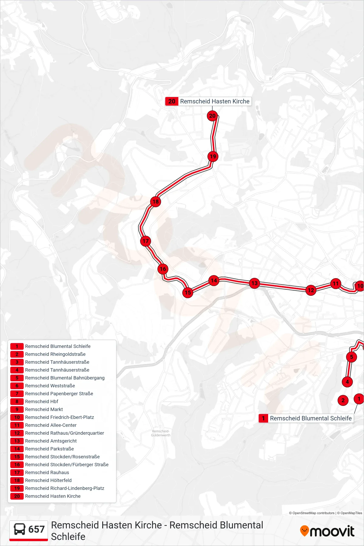 Linie 657 (Bus) Richtung Remscheid Hasten Kirche: Route und Haltestellen auf der Karte