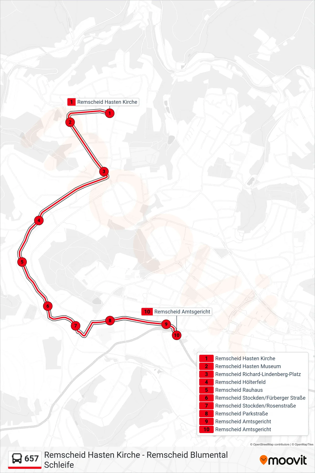 Linie 657 (Bus) Richtung Remscheid Amtsgericht: Route und Haltestellen auf der Karte