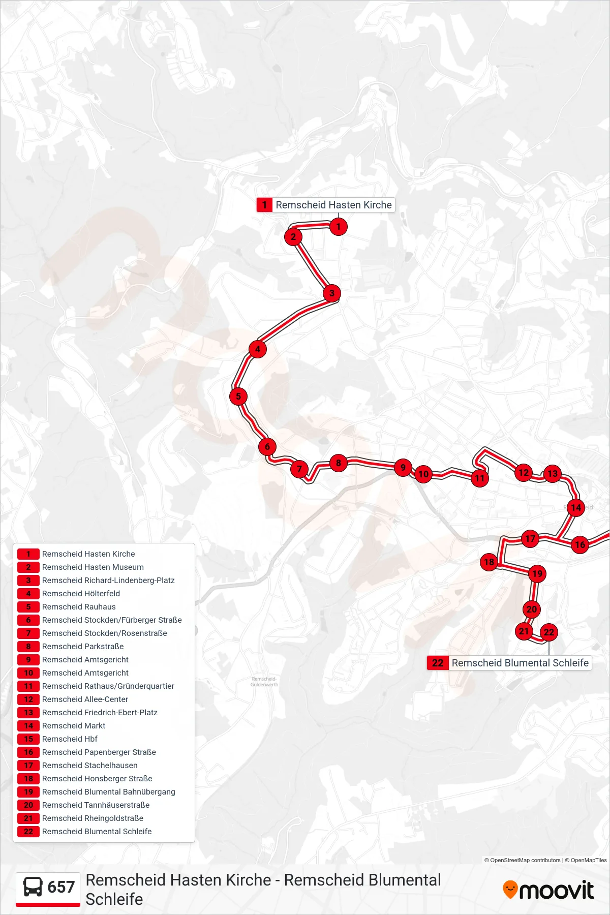 Linie 657 (Bus) Richtung Remscheid Blumental Schleife: Route und Haltestellen auf der Karte